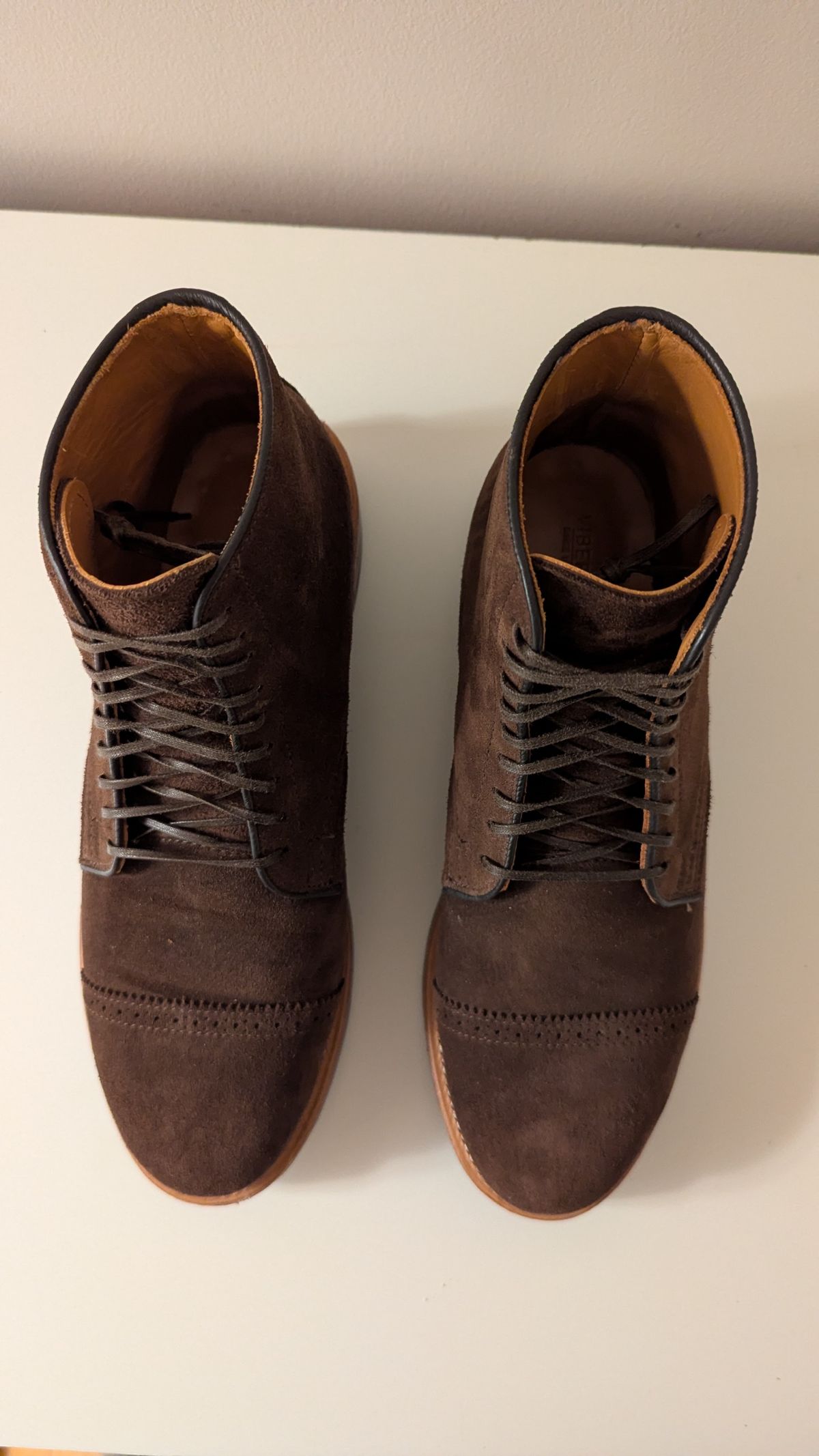 Photo by RoosAndBeavers on January 5, 2026 of the Viberg Derby Boot in C.F. Stead Brown Repello Calf Suede.