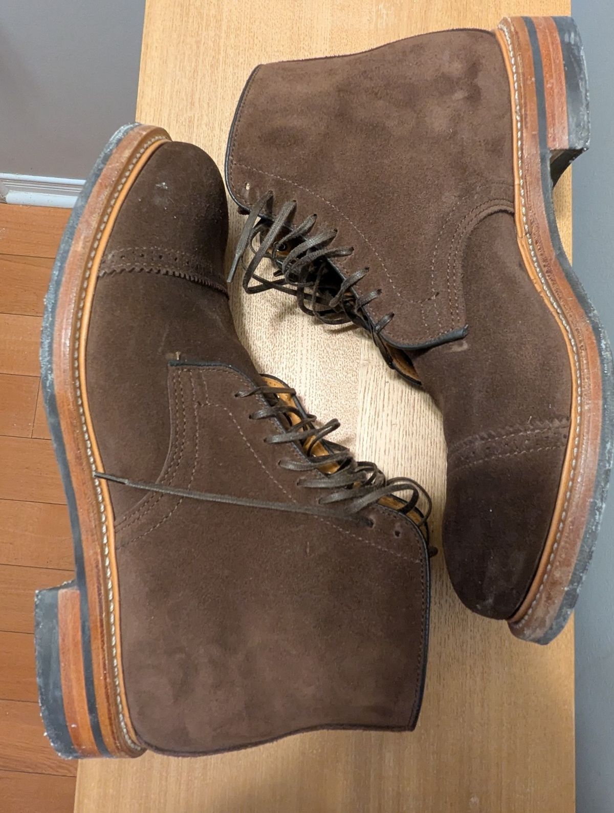 Photo by RoosAndBeavers on February 1, 2026 of the Viberg Derby Boot in C.F. Stead Brown Repello Calf Suede.