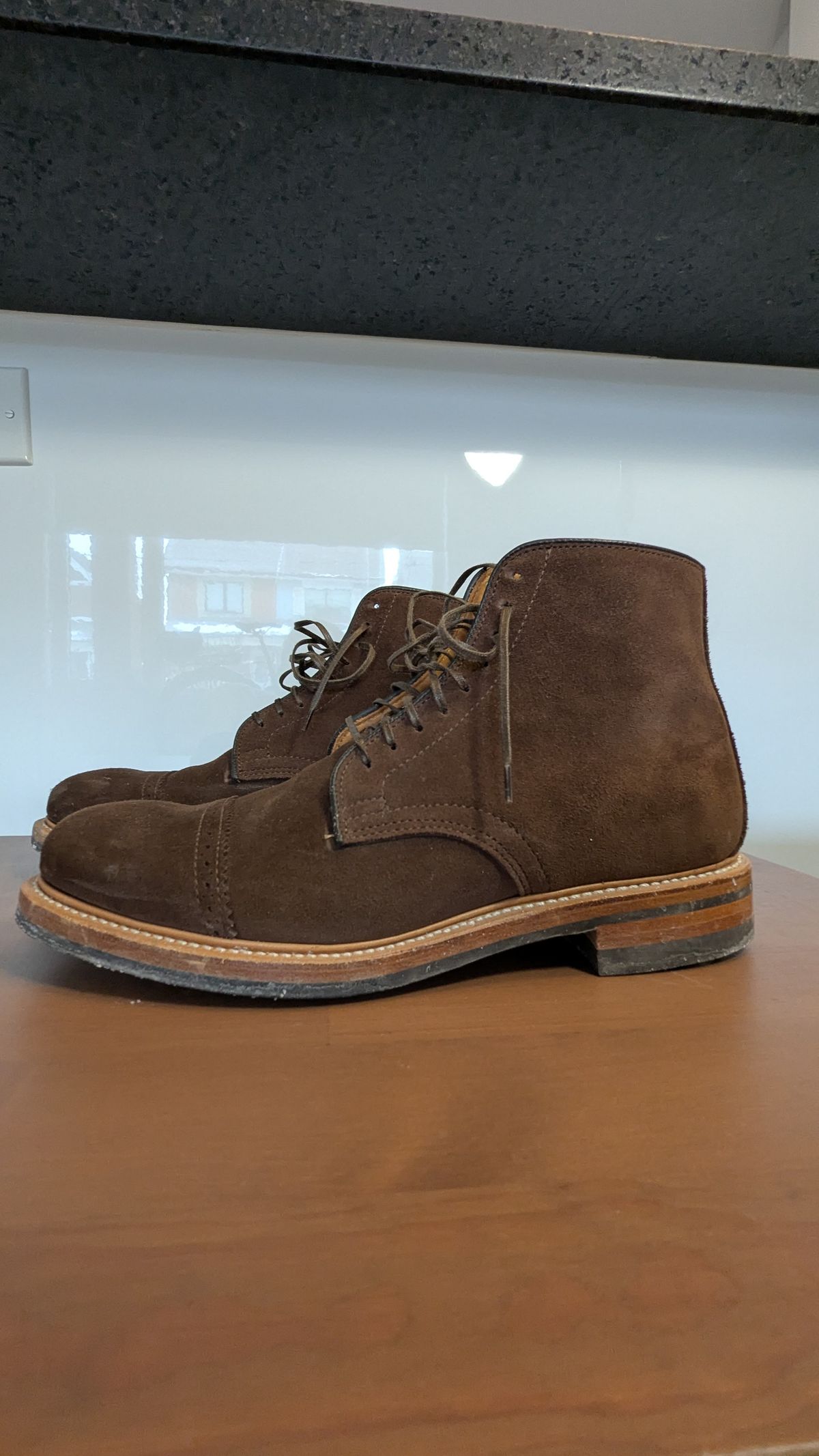 Photo by RoosAndBeavers on March 3, 2026 of the Viberg Derby Boot in C.F. Stead Brown Repello Calf Suede.