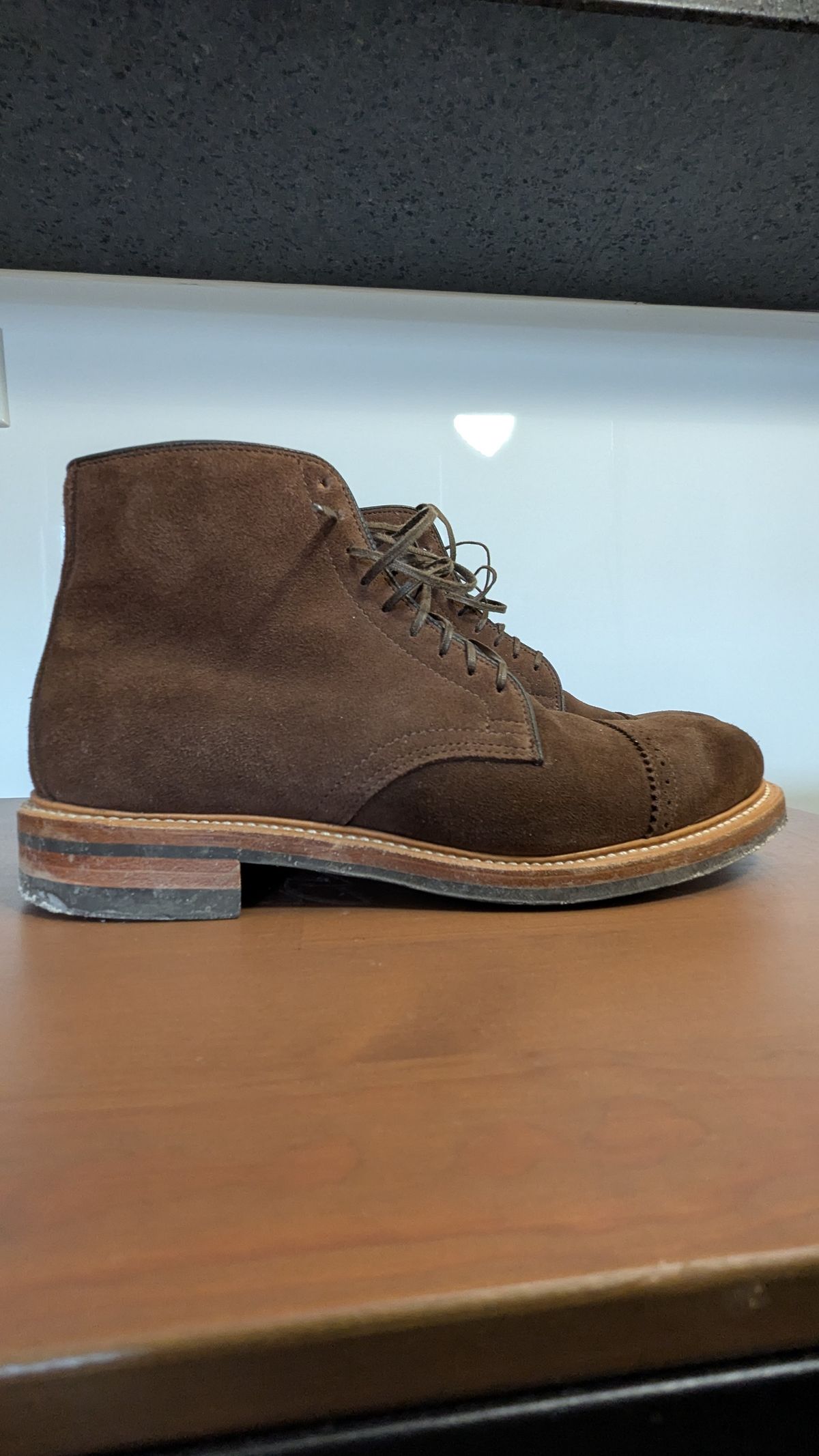 Photo by RoosAndBeavers on March 3, 2026 of the Viberg Derby Boot in C.F. Stead Brown Repello Calf Suede.
