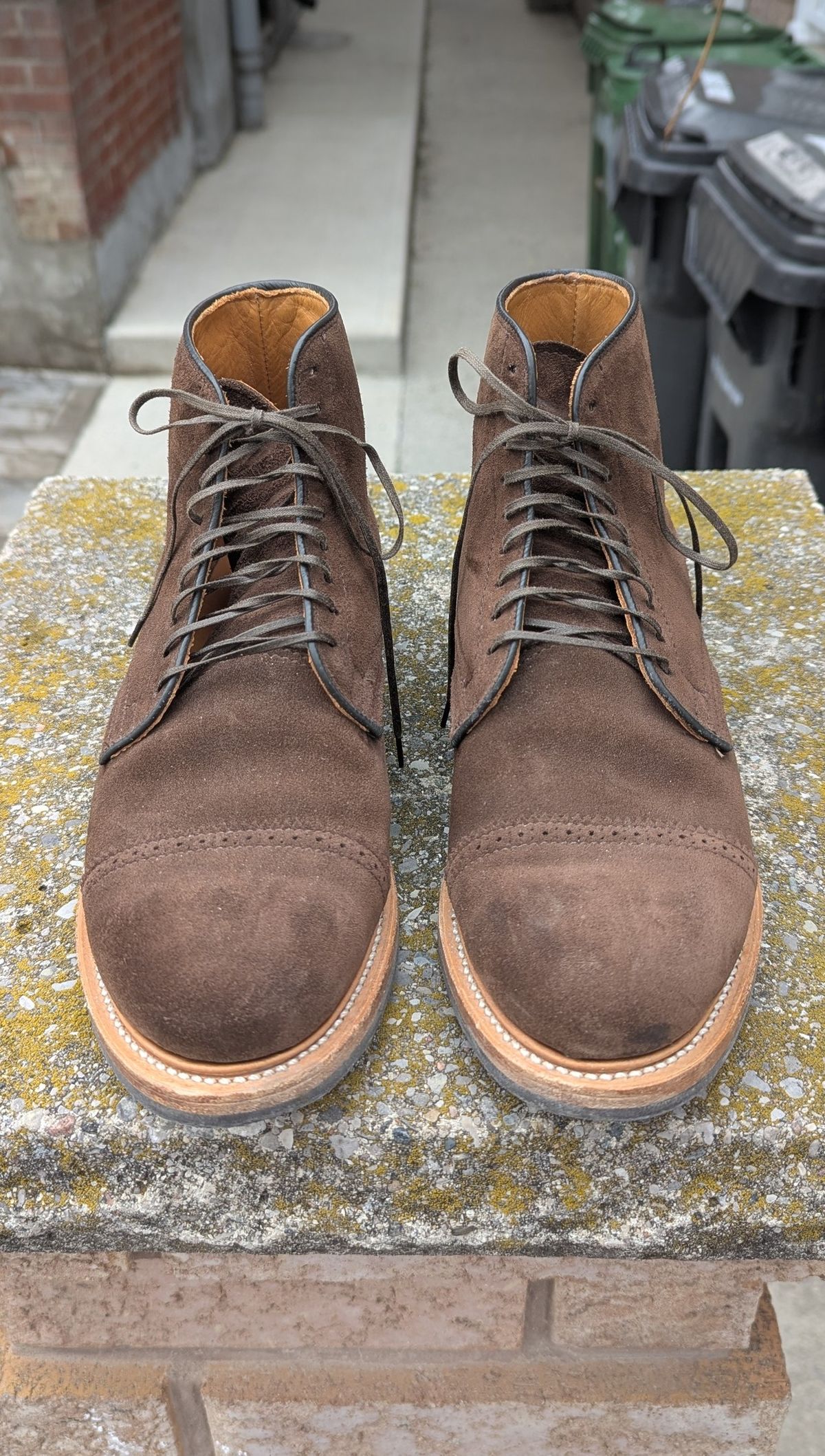 Photo by RoosAndBeavers on April 5, 2026 of the Viberg Derby Boot in C.F. Stead Brown Repello Calf Suede.