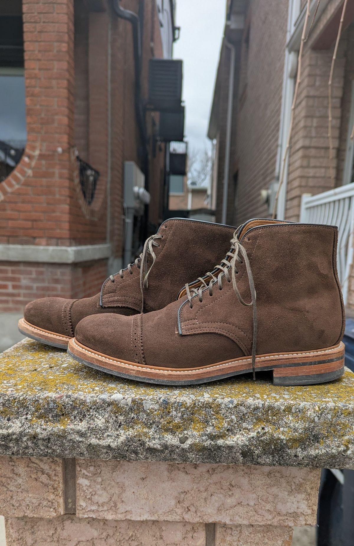 Photo by RoosAndBeavers on April 5, 2026 of the Viberg Derby Boot in C.F. Stead Brown Repello Calf Suede.