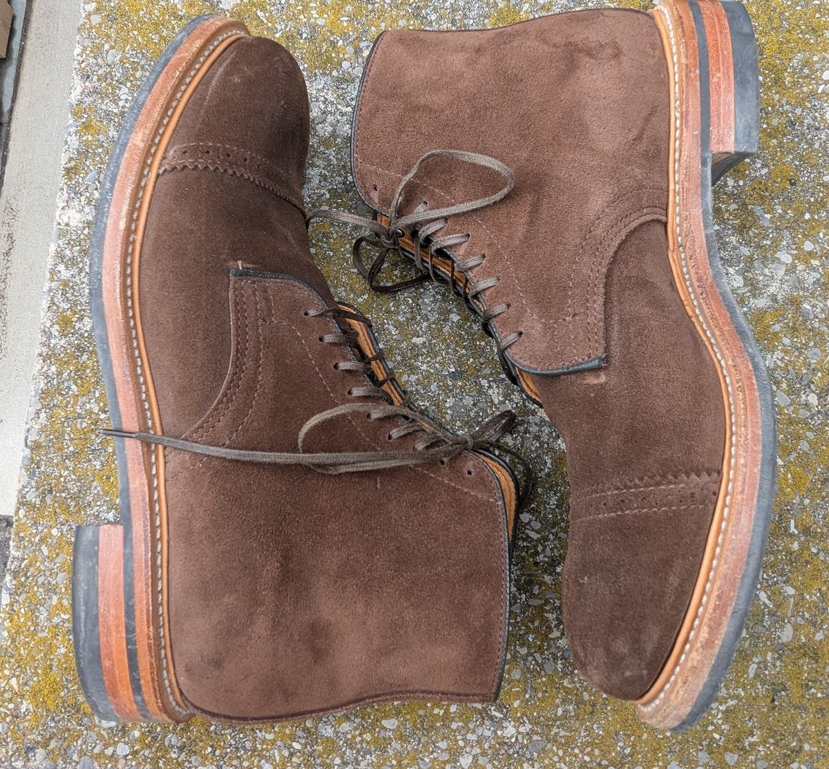 Photo by RoosAndBeavers on April 5, 2026 of the Viberg Derby Boot in C.F. Stead Brown Repello Calf Suede.