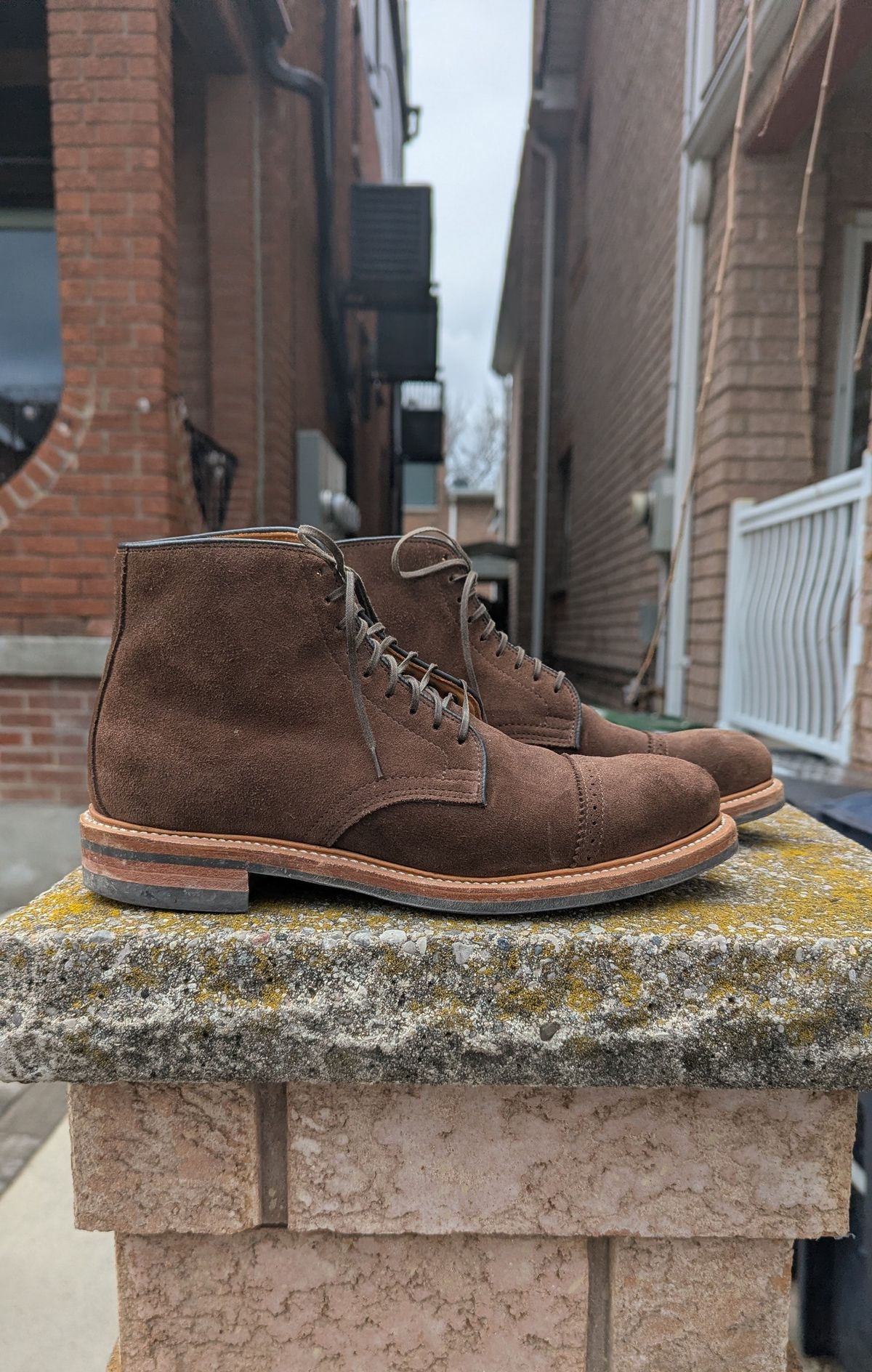 Photo by RoosAndBeavers on April 5, 2026 of the Viberg Derby Boot in C.F. Stead Brown Repello Calf Suede.