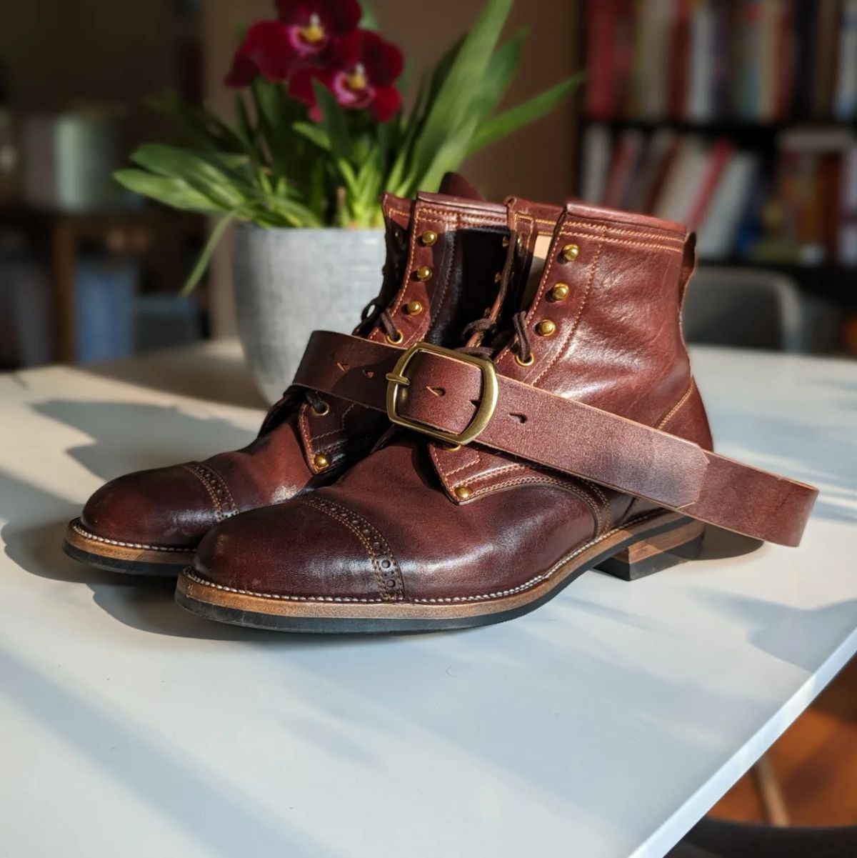 Photo by chilly_chonka on September 1, 2023 of the Iron Boots The Chosen One in Maryam Burgundy Factory Dyed Horsehide.