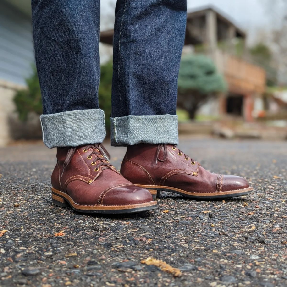 Photo by chilly_chonka on August 1, 2023 of the Iron Boots The Chosen One in Maryam Burgundy Factory Dyed Horsehide.