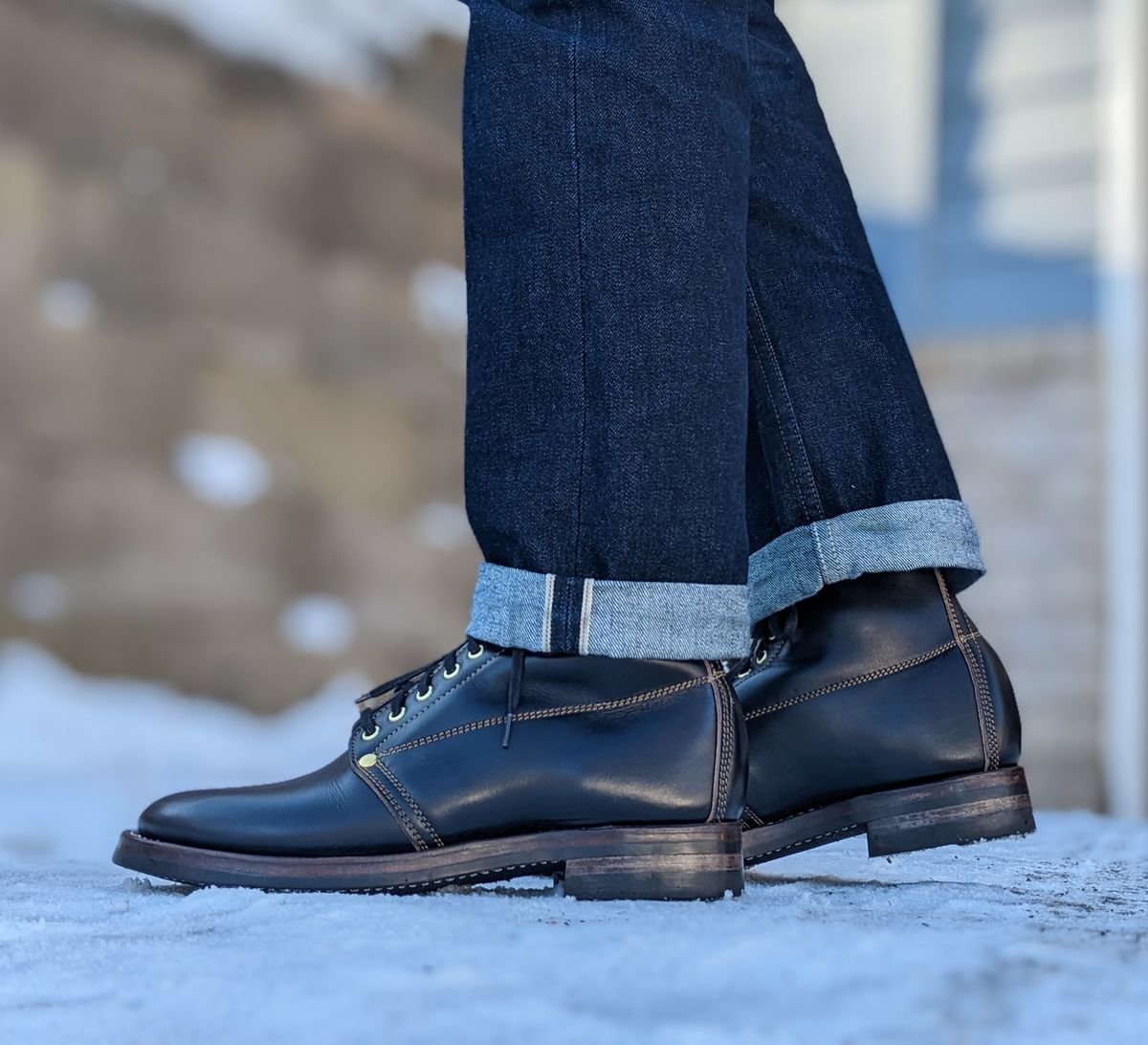 Photo by chilly on January 24, 2023 of the Unsung U 22-1 Slog Boot in Wickett & Craig Natural Veg Tan Overdyed Black.