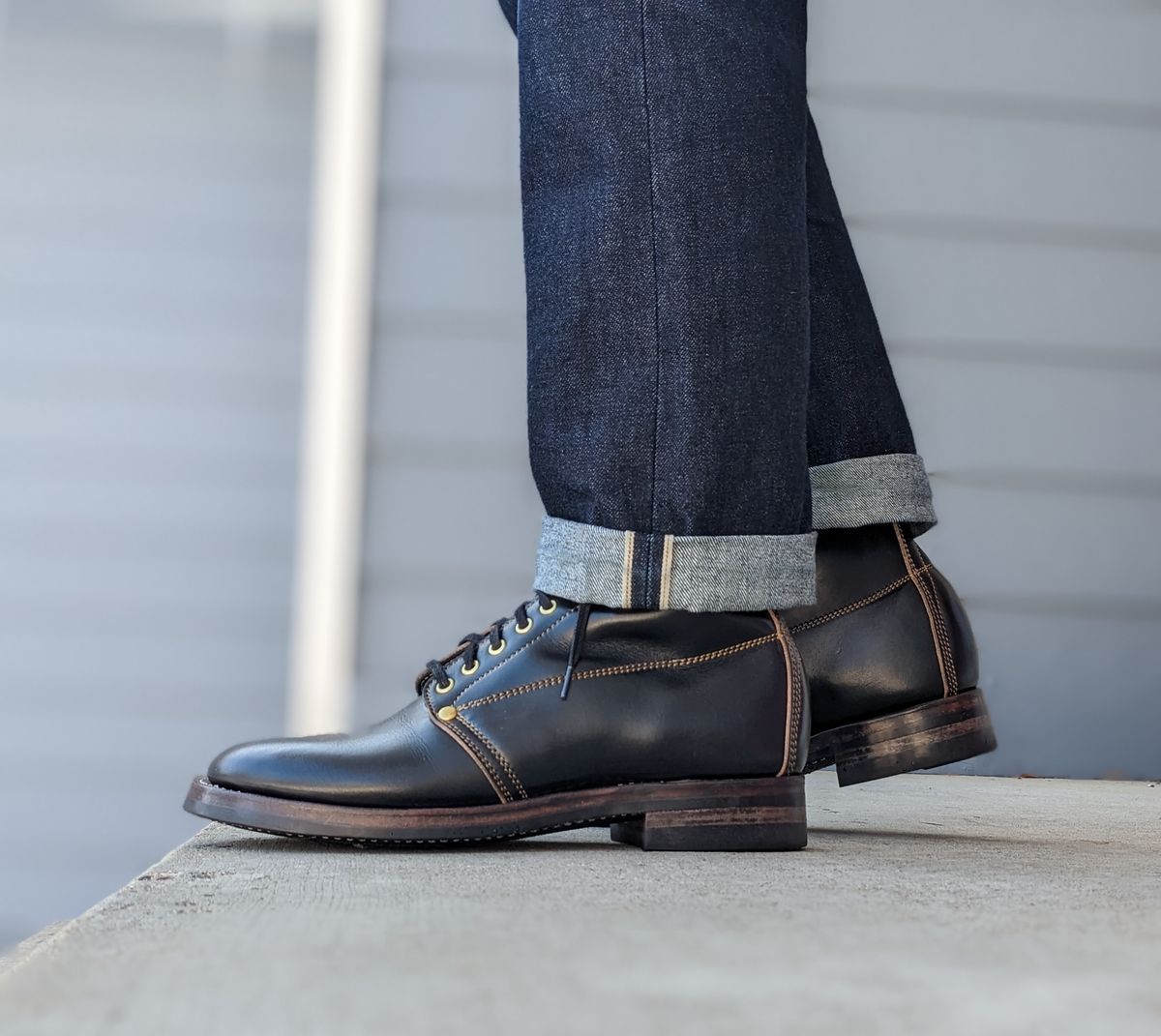 Photo by chilly on February 9, 2023 of the Unsung U 22-1 Slog Boot in Wickett & Craig Natural Veg Tan Overdyed Black.