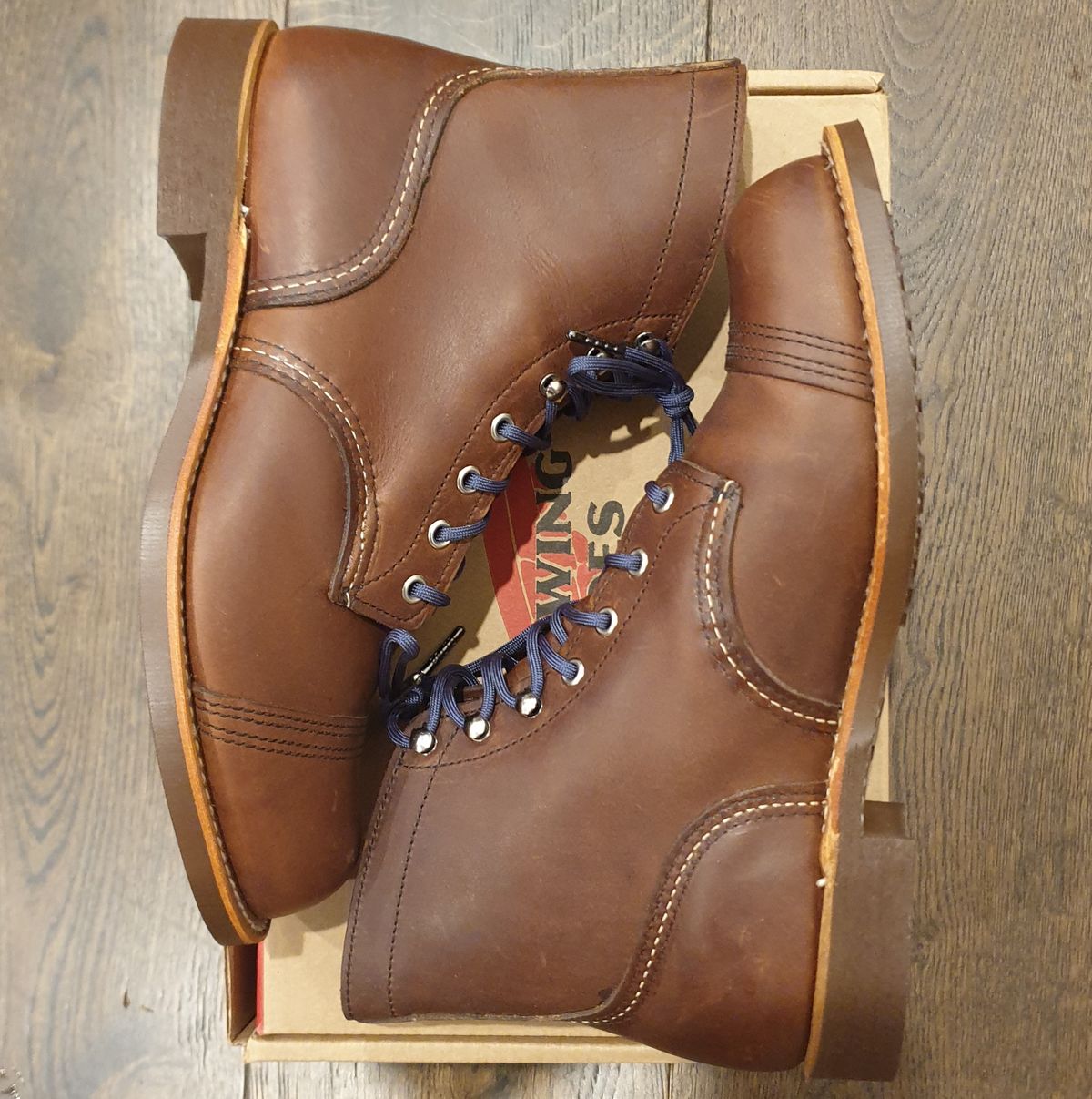 Photo by Dented_scratched_and_scarred on October 1, 2022 of the Red Wing Iron Ranger in S.B. Foot Amber Harness.