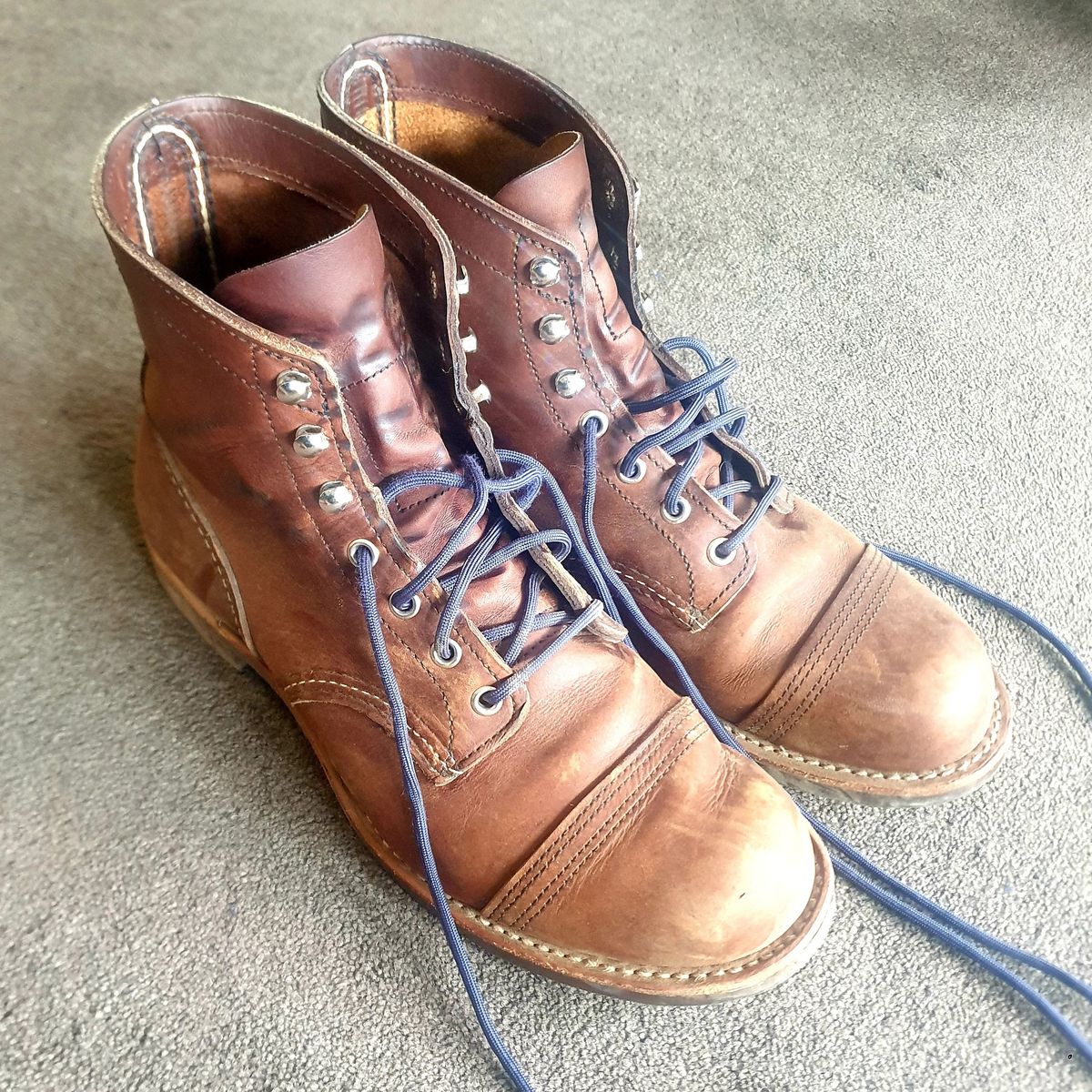 Photo by Dented_scratched_and_scarred on November 18, 2022 of the Red Wing Iron Ranger in S.B. Foot Amber Harness.