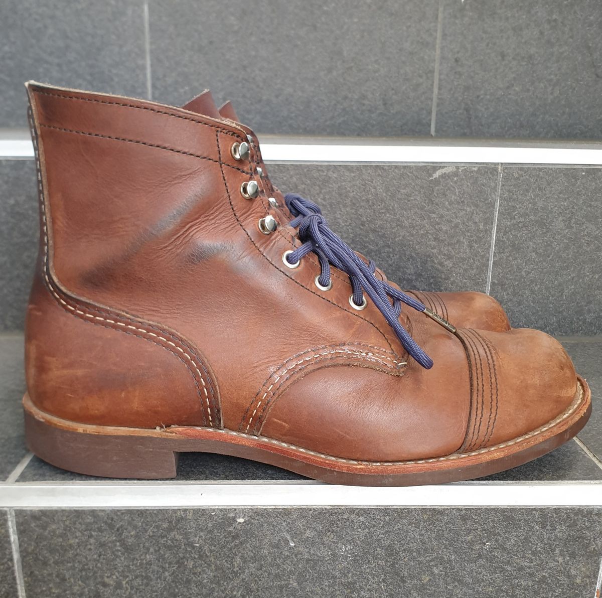 Photo by Dented_scratched_and_scarred on January 2, 2023 of the Red Wing Iron Ranger in S.B. Foot Amber Harness.