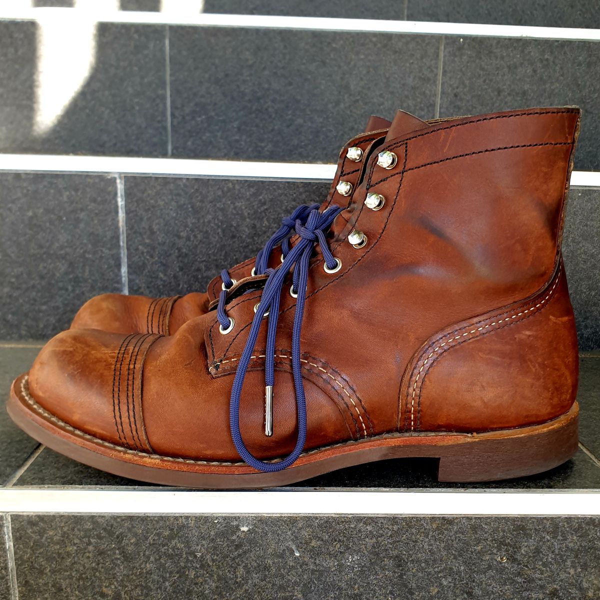 Photo by Dented_scratched_and_scarred on February 1, 2023 of the Red Wing Iron Ranger in S.B. Foot Amber Harness.
