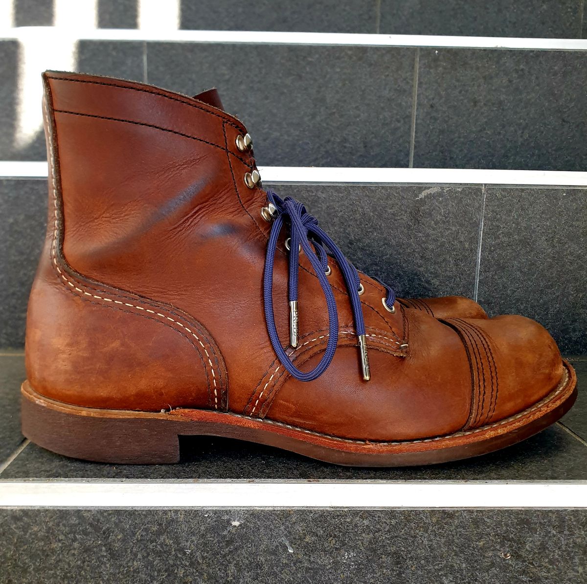 Photo by Dented_scratched_and_scarred on February 1, 2023 of the Red Wing Iron Ranger in S.B. Foot Amber Harness.