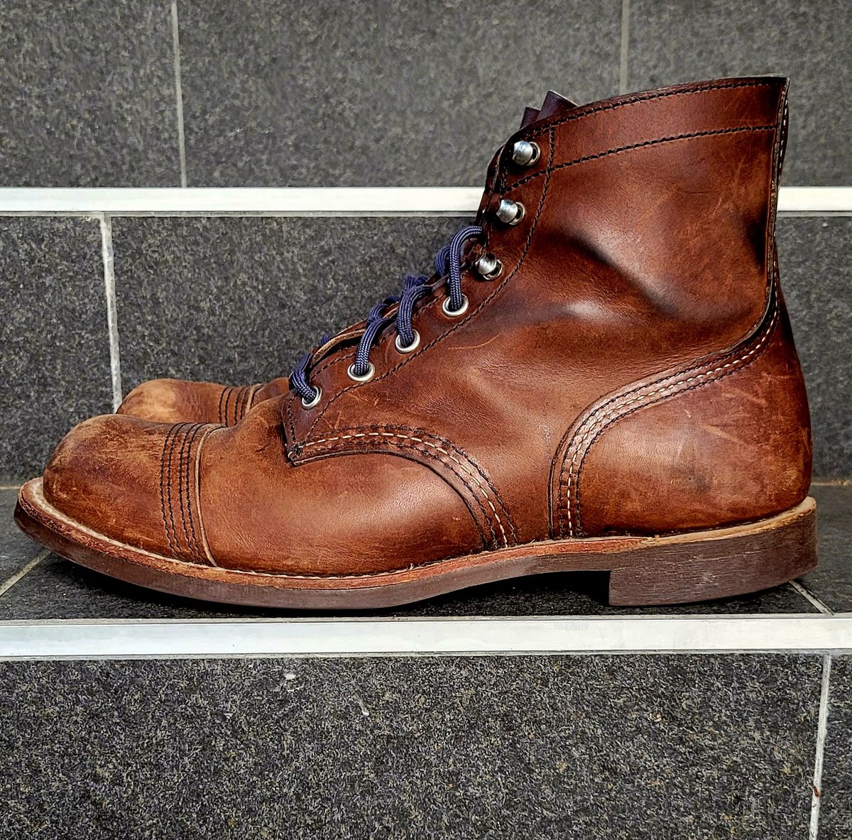 Photo by Dented_scratched_and_scarred on March 4, 2023 of the Red Wing Iron Ranger in S.B. Foot Amber Harness.