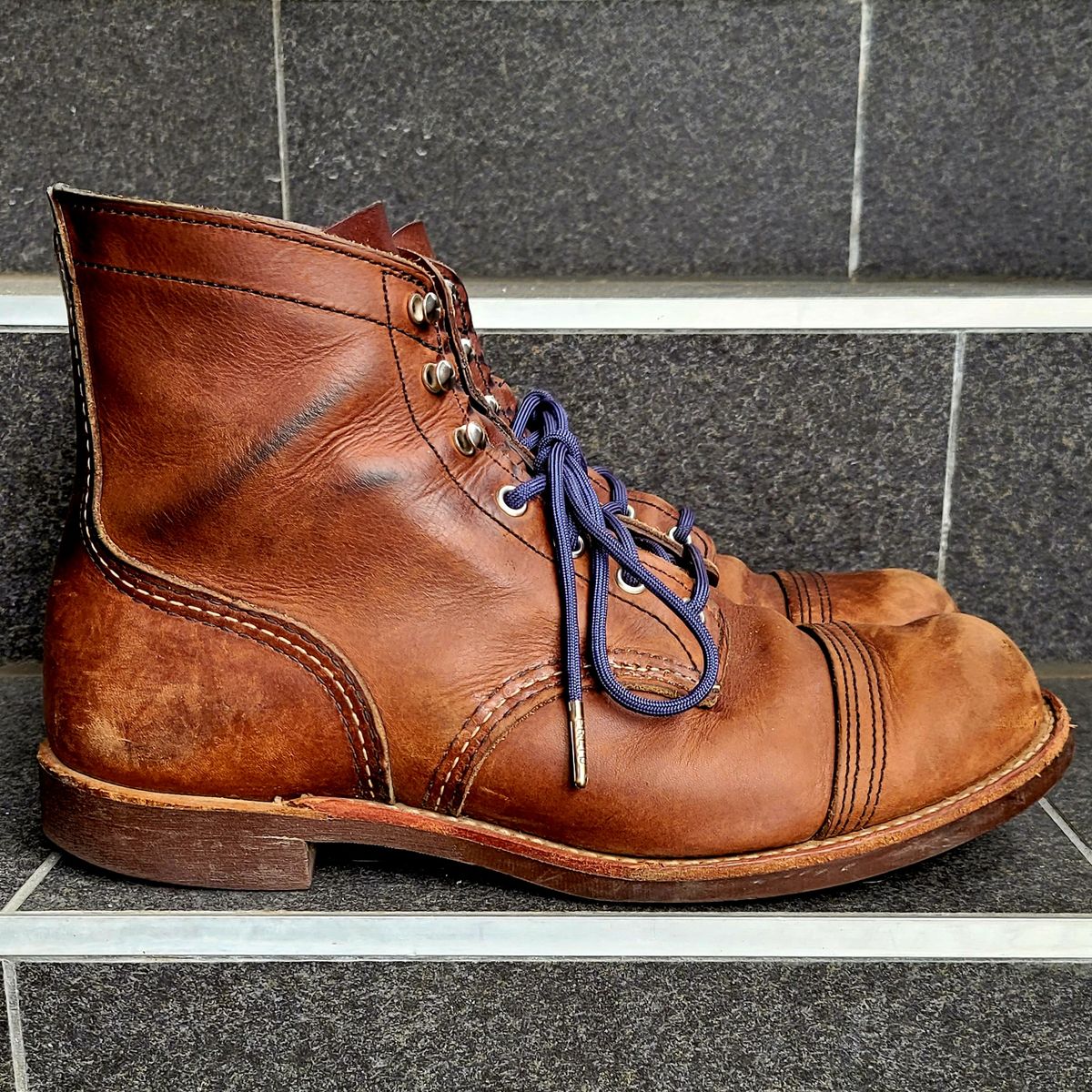 Photo by Dented_scratched_and_scarred on April 1, 2023 of the Red Wing Iron Ranger in S.B. Foot Amber Harness.