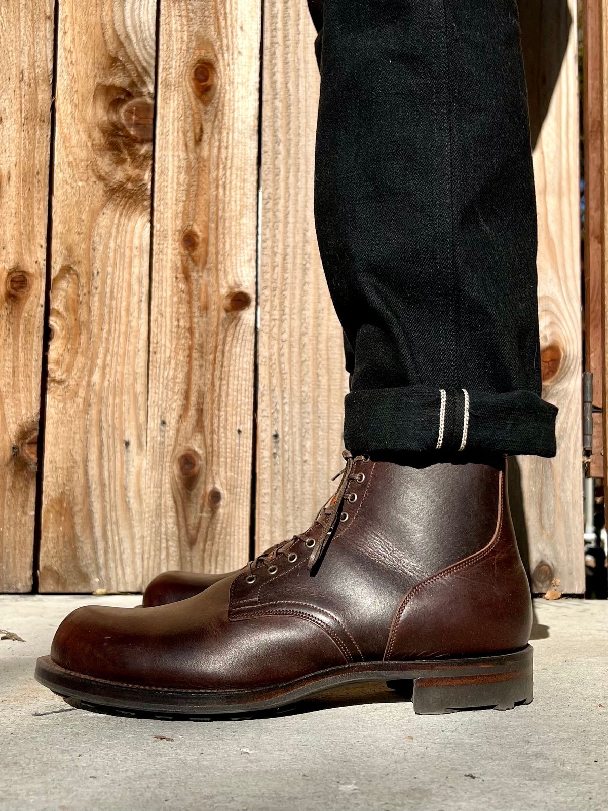 Photo by Drover_Shy on December 6, 2023 of the Viberg Service Boot in C.F. Stead Whiskey Phoenix.