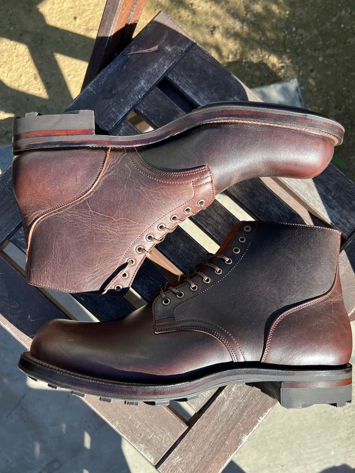 Photo by Drover_Shy on December 5, 2023 of the Viberg Service Boot in C.F. Stead Whiskey Phoenix.