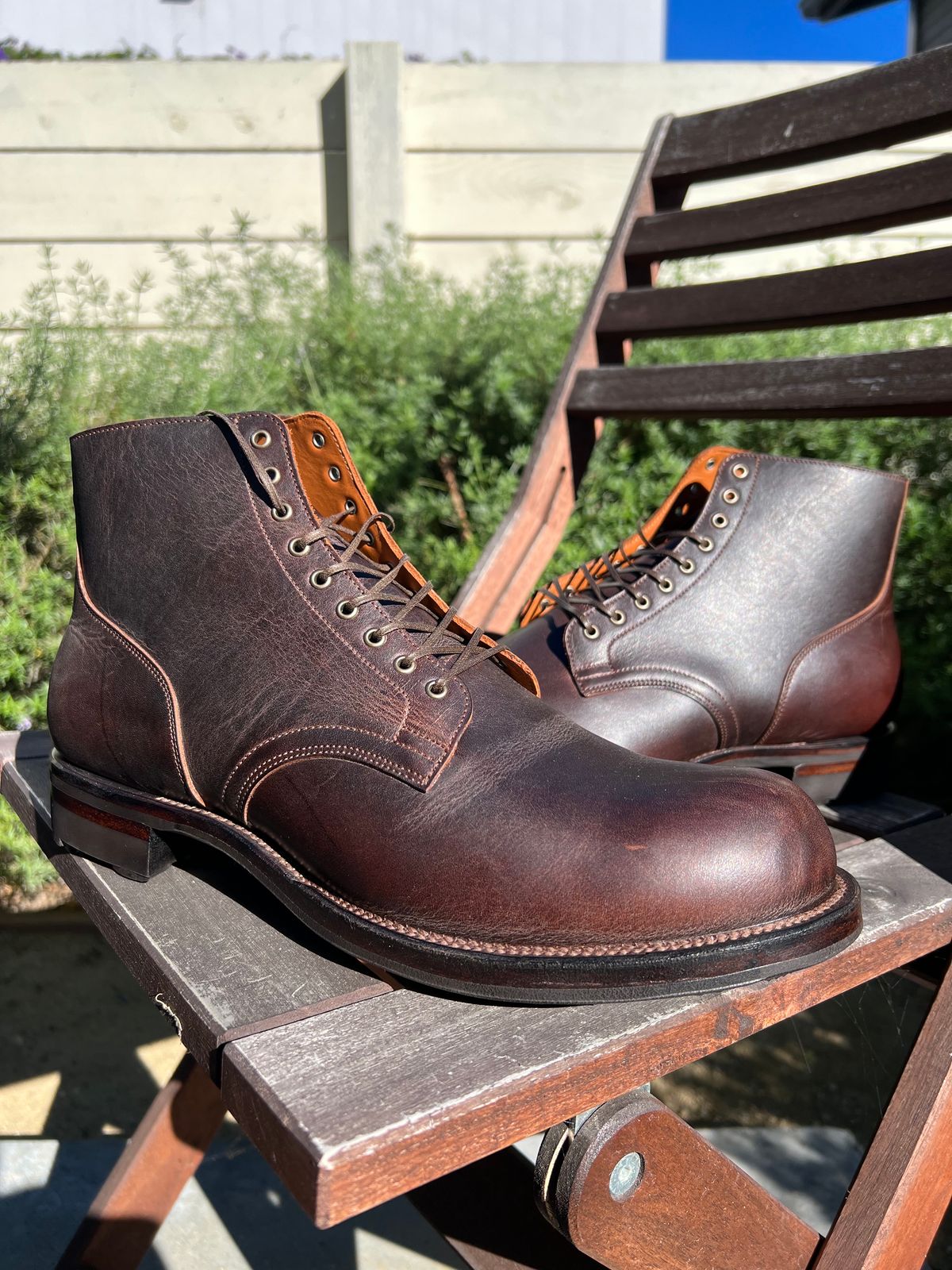Photo by Drover_Shy on December 5, 2023 of the Viberg Service Boot in C.F. Stead Whiskey Phoenix.