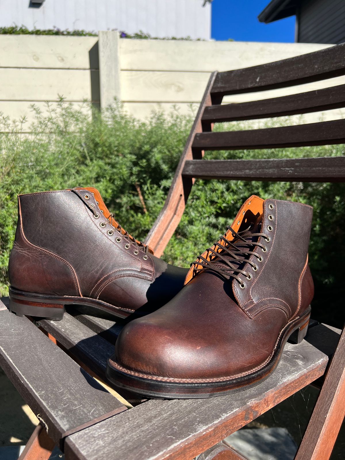 Photo by Drover_Shy on December 5, 2023 of the Viberg Service Boot in C.F. Stead Whiskey Phoenix.