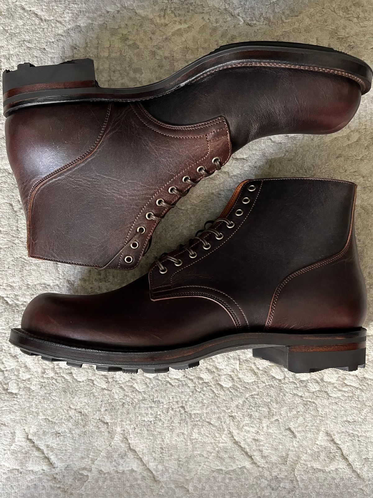 Photo by Drover_Shy on December 5, 2023 of the Viberg Service Boot in C.F. Stead Whiskey Phoenix.