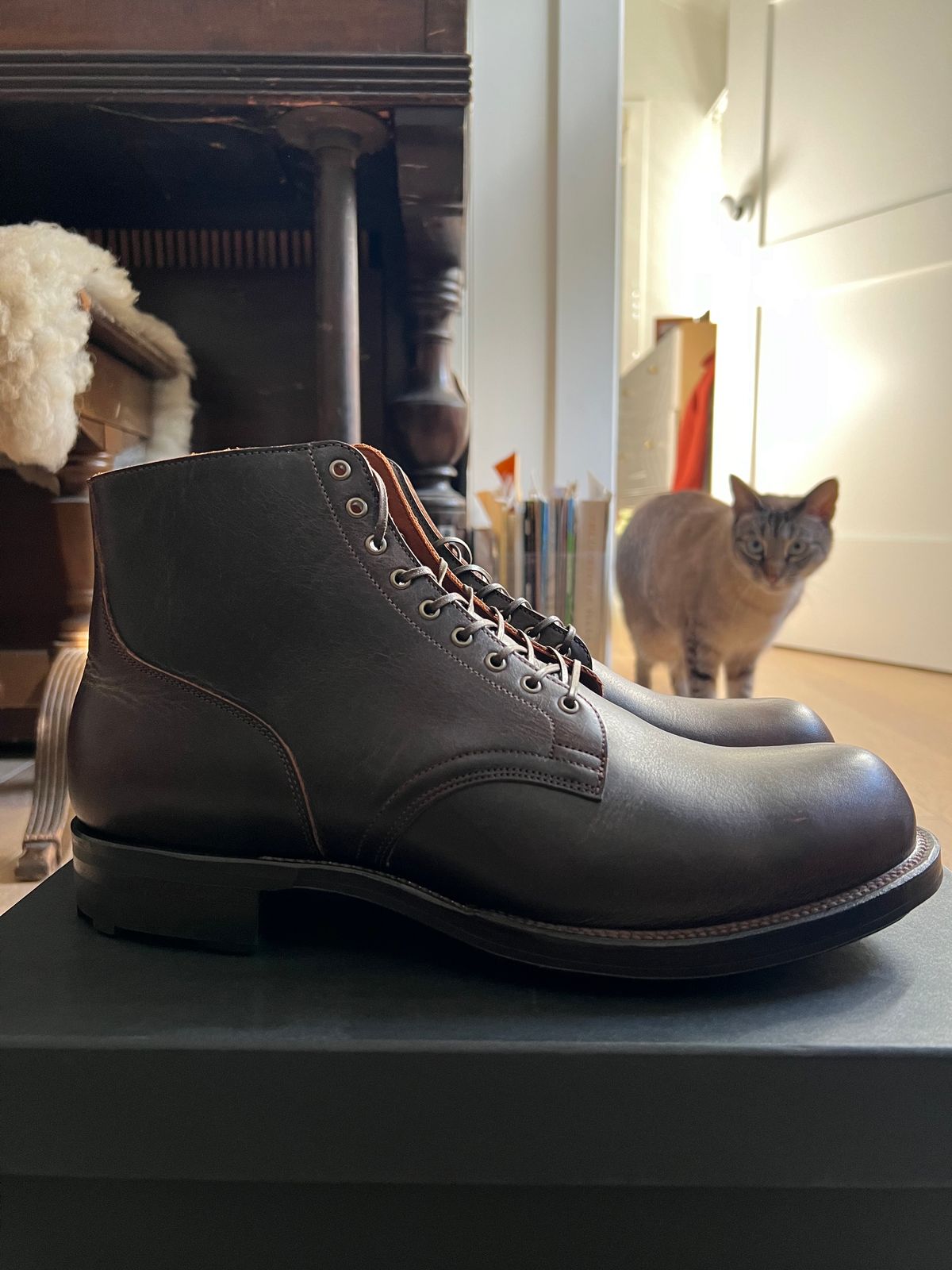 Photo by Drover_Shy on December 5, 2023 of the Viberg Service Boot in C.F. Stead Whiskey Phoenix.