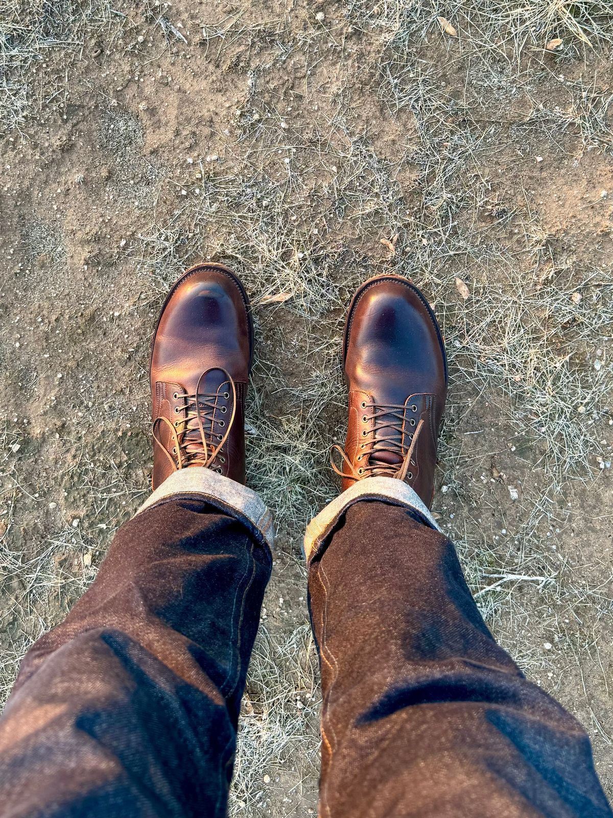 Photo by Drover_Shy on December 25, 2023 of the Viberg Service Boot in C.F. Stead Whiskey Phoenix.