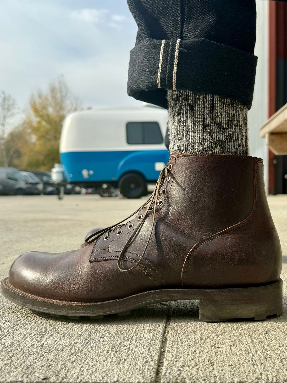 Photo by Drover_Shy on December 27, 2023 of the Viberg Service Boot in C.F. Stead Whiskey Phoenix.