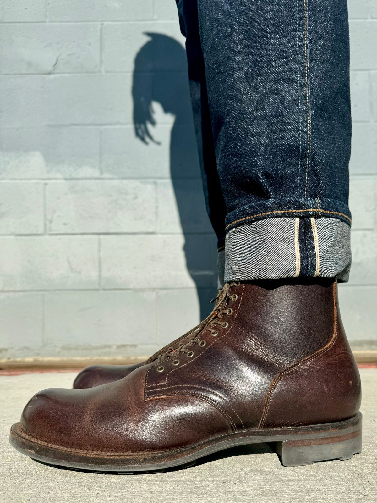 Photo by Drover_Shy on January 5, 2024 of the Viberg Service Boot in C.F. Stead Whiskey Phoenix.