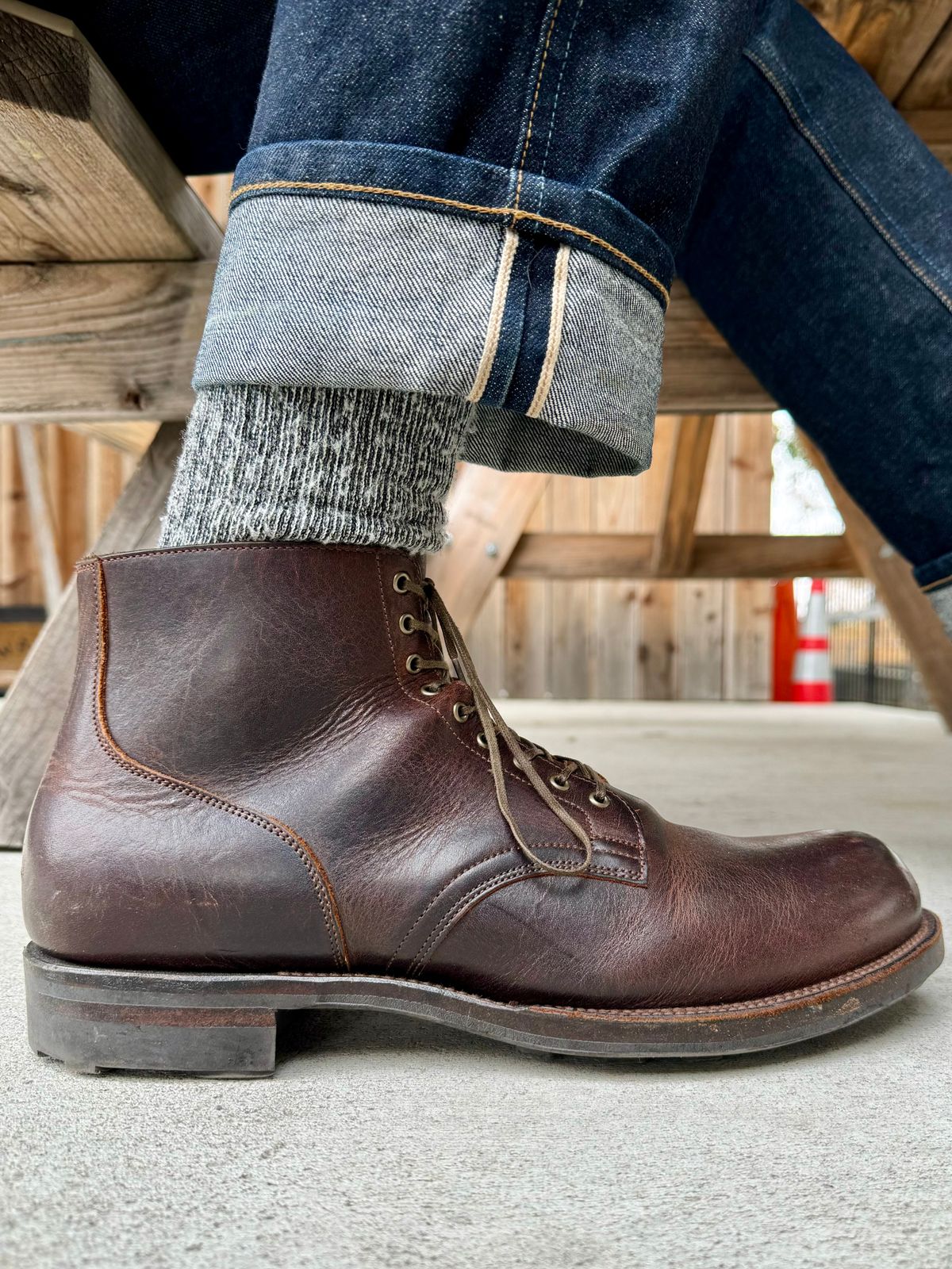 Photo by Drover_Shy on January 17, 2024 of the Viberg Service Boot in C.F. Stead Whiskey Phoenix.
