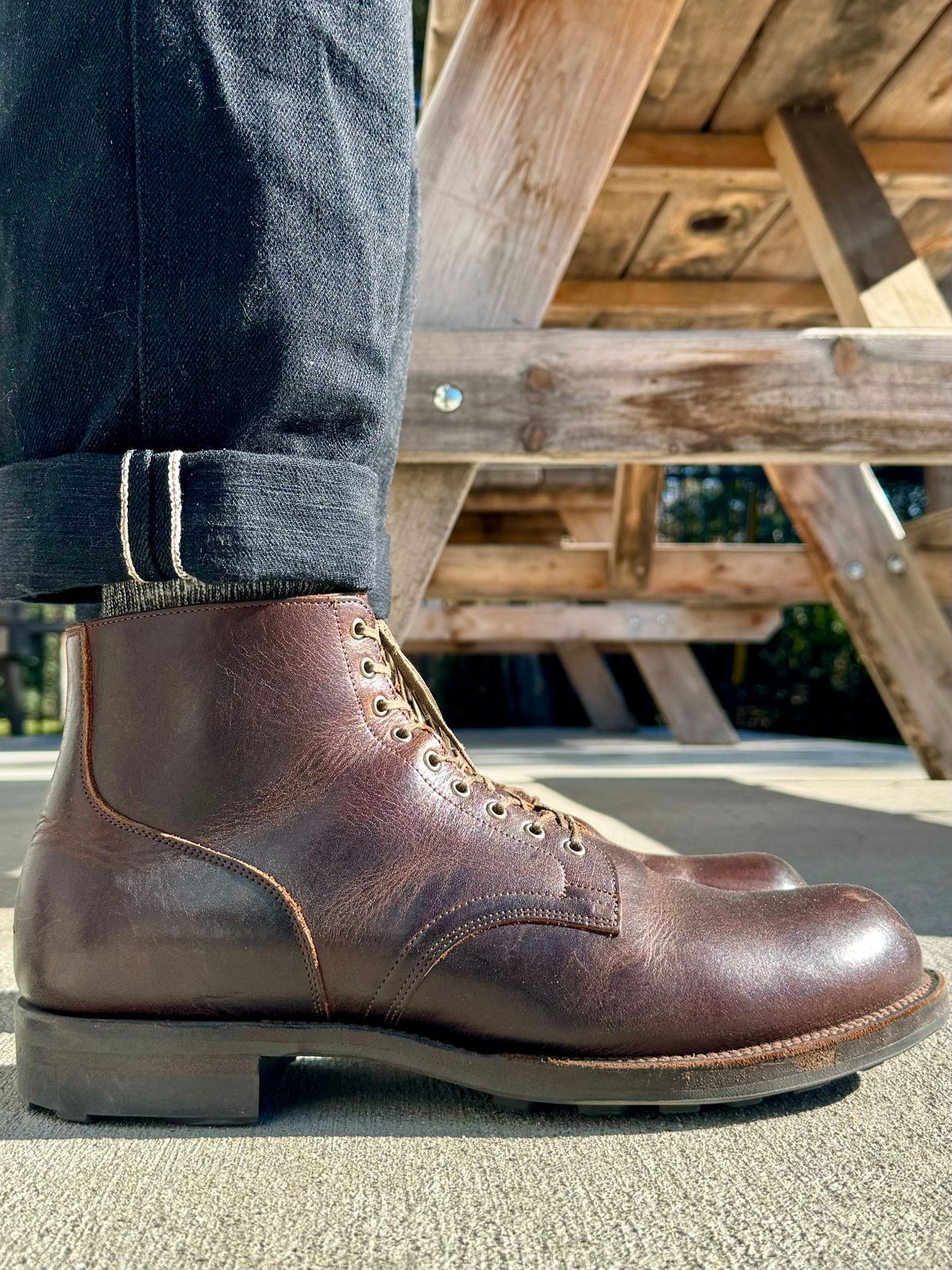 Photo by Drover_Shy on January 26, 2024 of the Viberg Service Boot in C.F. Stead Whiskey Phoenix.