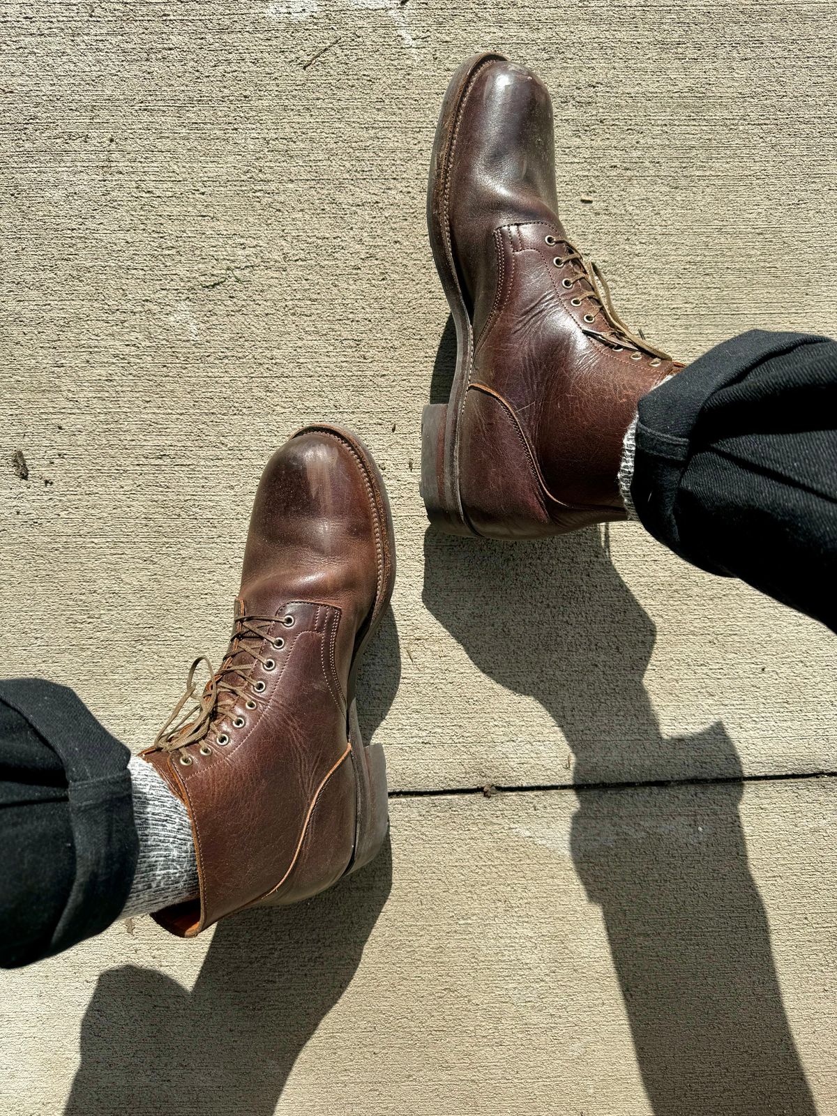 Photo by Drover_Shy on February 7, 2024 of the Viberg Service Boot in C.F. Stead Whiskey Phoenix.