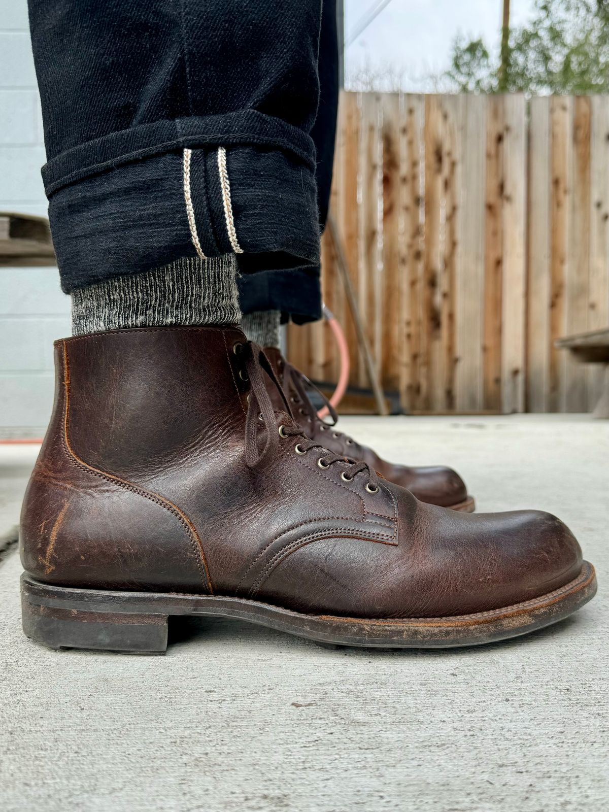 Photo by Drover_Shy on February 29, 2024 of the Viberg Service Boot in C.F. Stead Whiskey Phoenix.