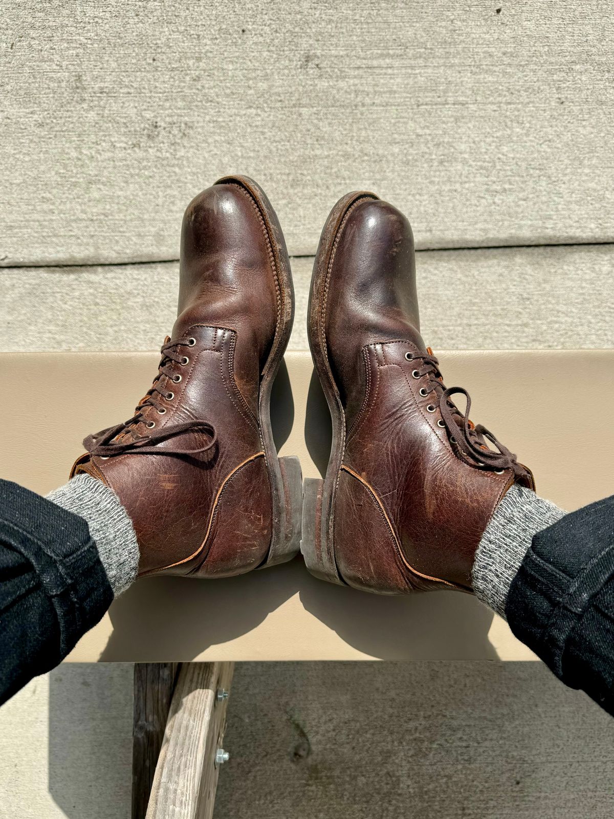 Photo by Drover_Shy on March 7, 2024 of the Viberg Service Boot in C.F. Stead Whiskey Phoenix.