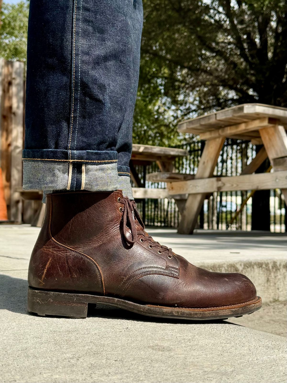 Photo by Drover_Shy on March 13, 2024 of the Viberg Service Boot in C.F. Stead Whiskey Phoenix.