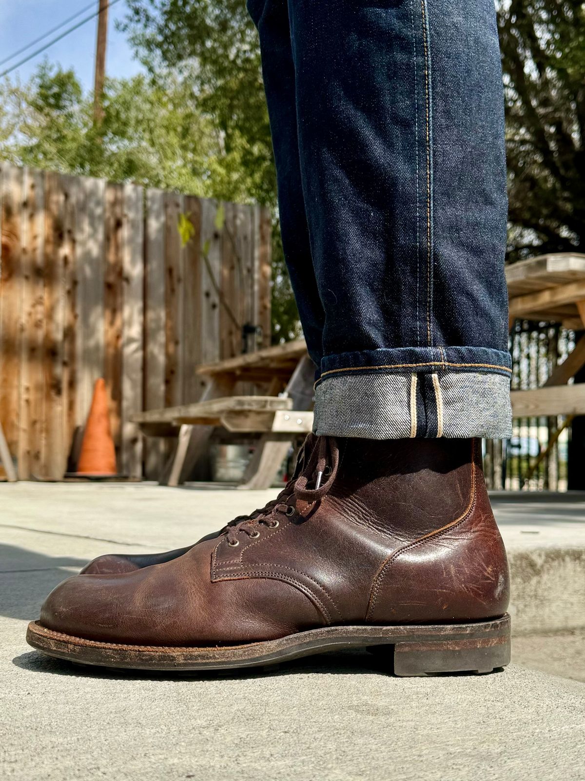 Photo by Drover_Shy on March 13, 2024 of the Viberg Service Boot in C.F. Stead Whiskey Phoenix.