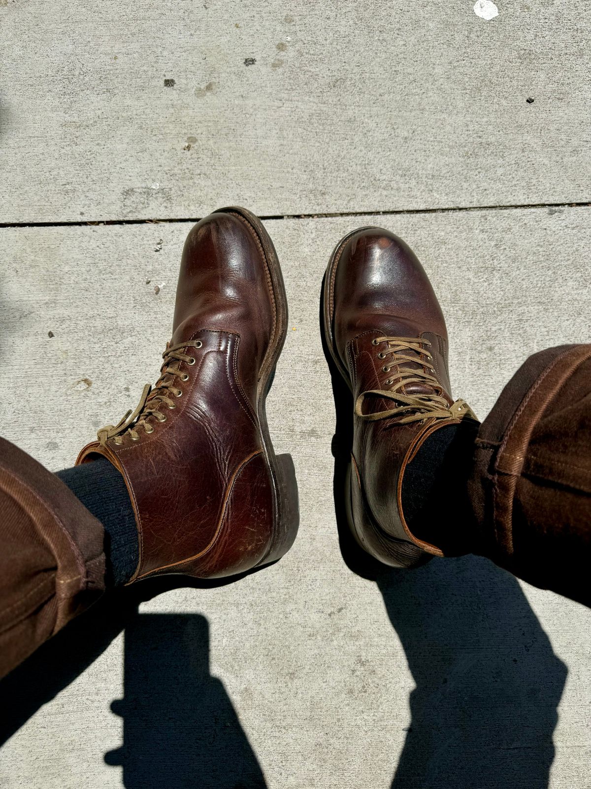 Photo by Drover_Shy on July 8, 2024 of the Viberg Service Boot in C.F. Stead Whiskey Phoenix.