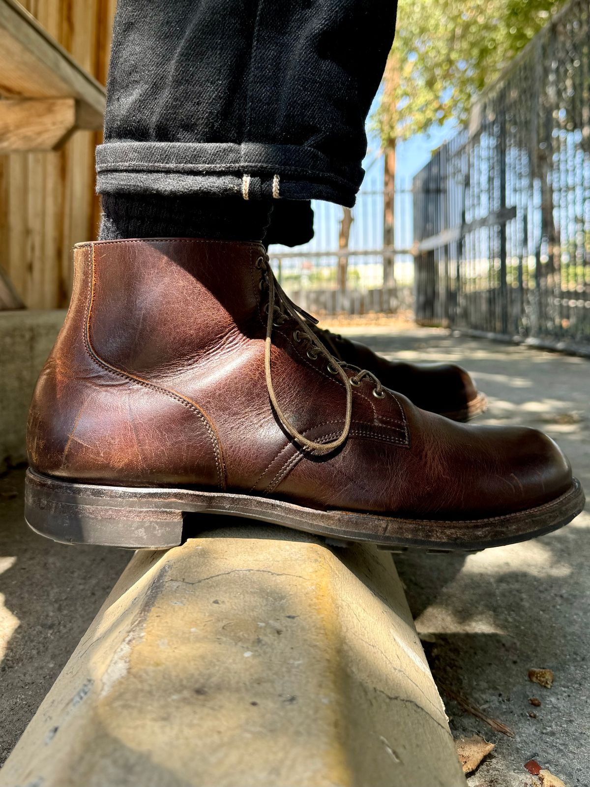 Photo by Drover_Shy on August 28, 2024 of the Viberg Service Boot in C.F. Stead Whiskey Phoenix.