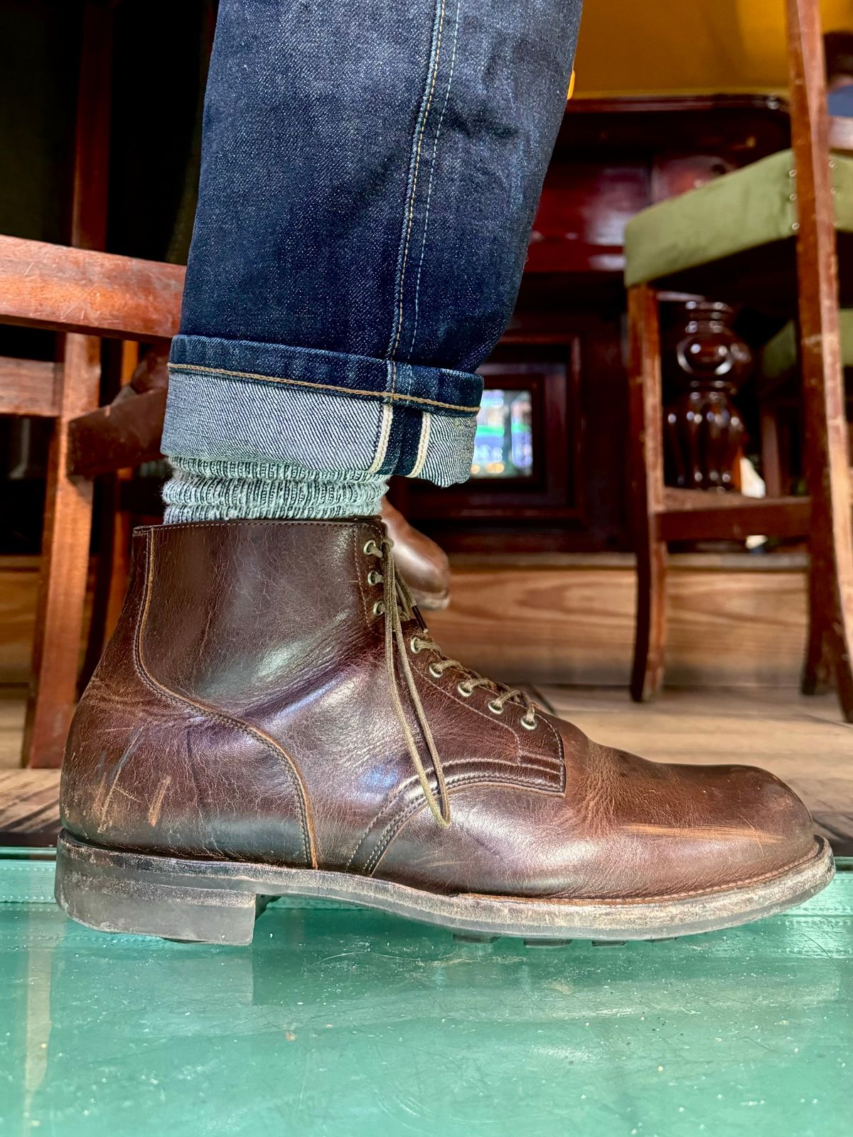 Photo by Drover_Shy on September 25, 2024 of the Viberg Service Boot in C.F. Stead Whiskey Phoenix.