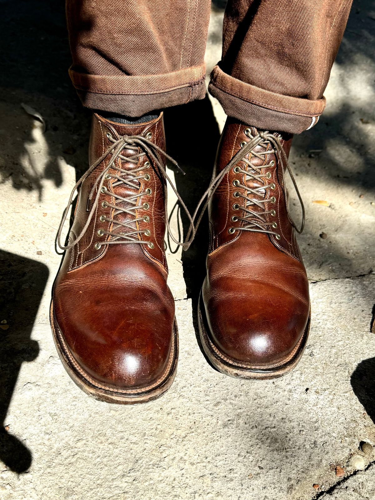 Photo by Drover_Shy on October 1, 2024 of the Viberg Service Boot in C.F. Stead Whiskey Phoenix.