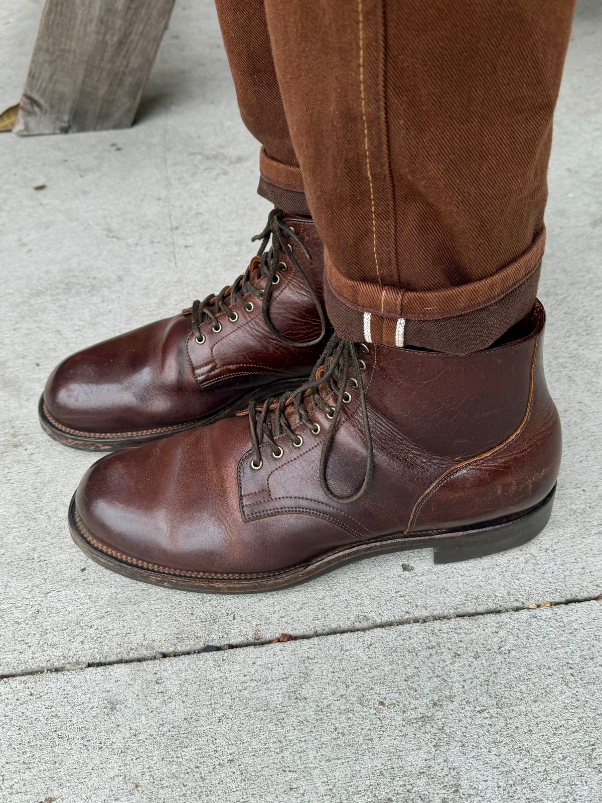 Photo by Drover_Shy on October 16, 2024 of the Viberg Service Boot in C.F. Stead Whiskey Phoenix.