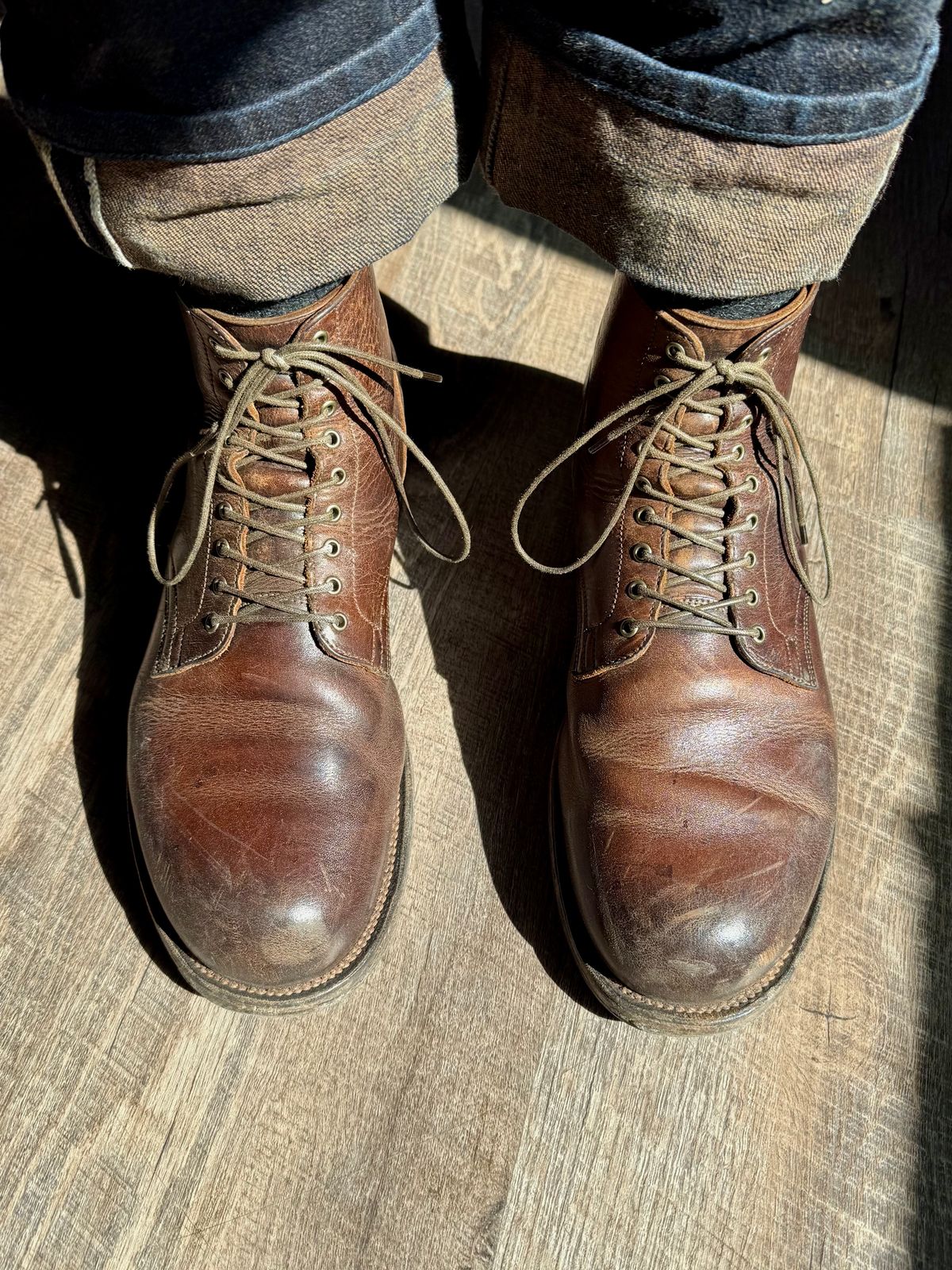 Photo by Drover_Shy on March 10, 2025 of the Viberg Service Boot in C.F. Stead Whiskey Phoenix.