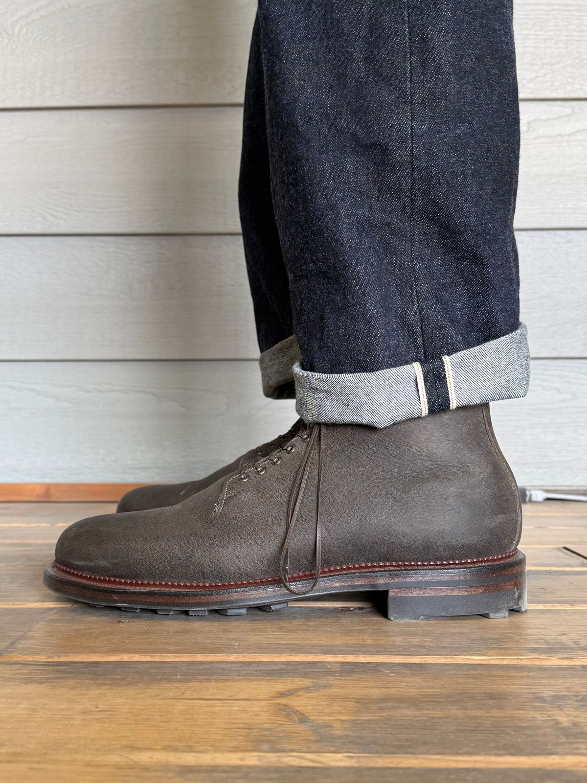 Photo by Drover_Shy on February 6, 2026 of the Viberg Wholecut Derby Boot in C.F. Stead Stone Waxed Kudu.