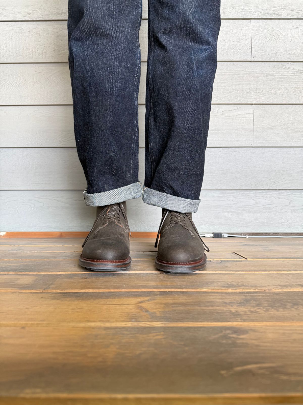Photo by Drover_Shy on February 6, 2026 of the Viberg Wholecut Derby Boot in C.F. Stead Stone Waxed Kudu.