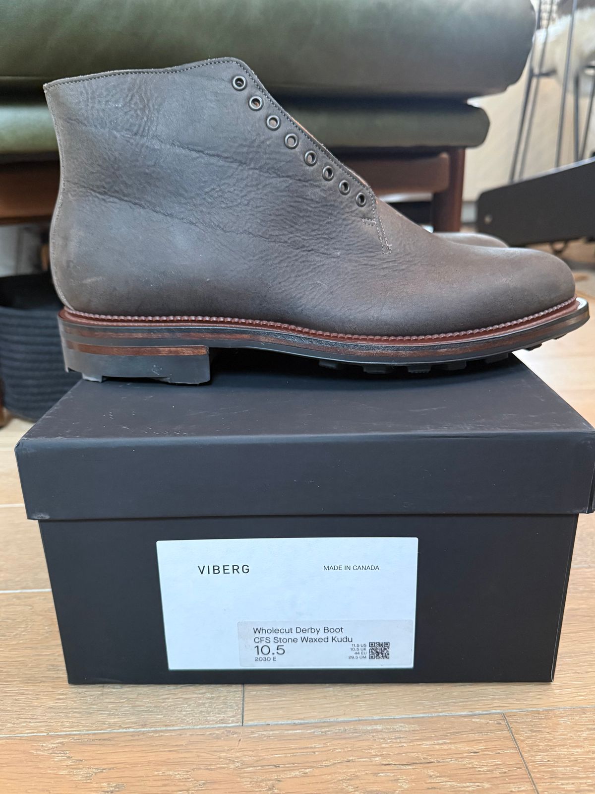 Photo by Drover_Shy on February 6, 2026 of the Viberg Wholecut Derby Boot in C.F. Stead Stone Waxed Kudu.