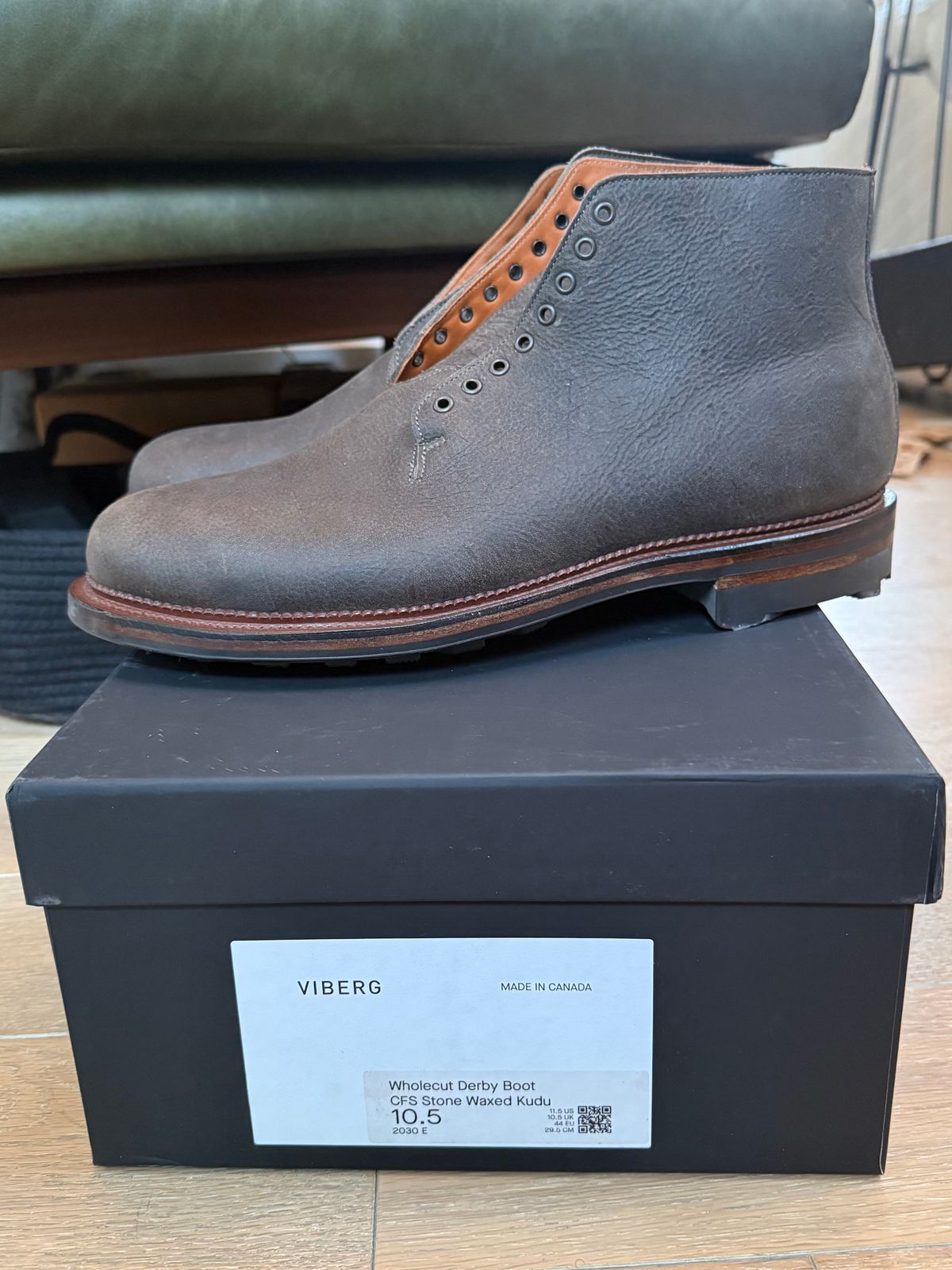 Photo by Drover_Shy on February 6, 2026 of the Viberg Wholecut Derby Boot in C.F. Stead Stone Waxed Kudu.