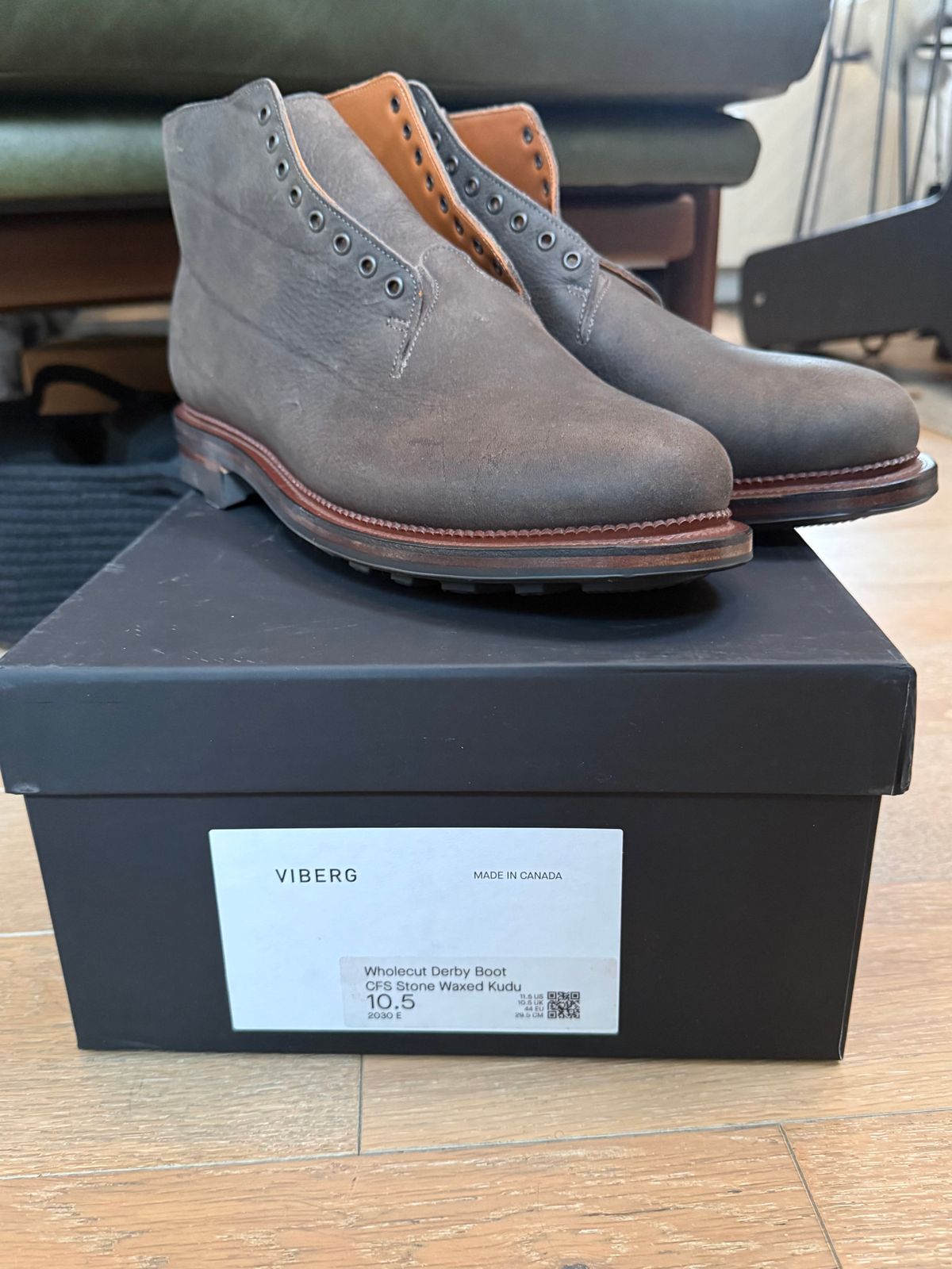 Photo by Drover_Shy on February 6, 2026 of the Viberg Wholecut Derby Boot in C.F. Stead Stone Waxed Kudu.