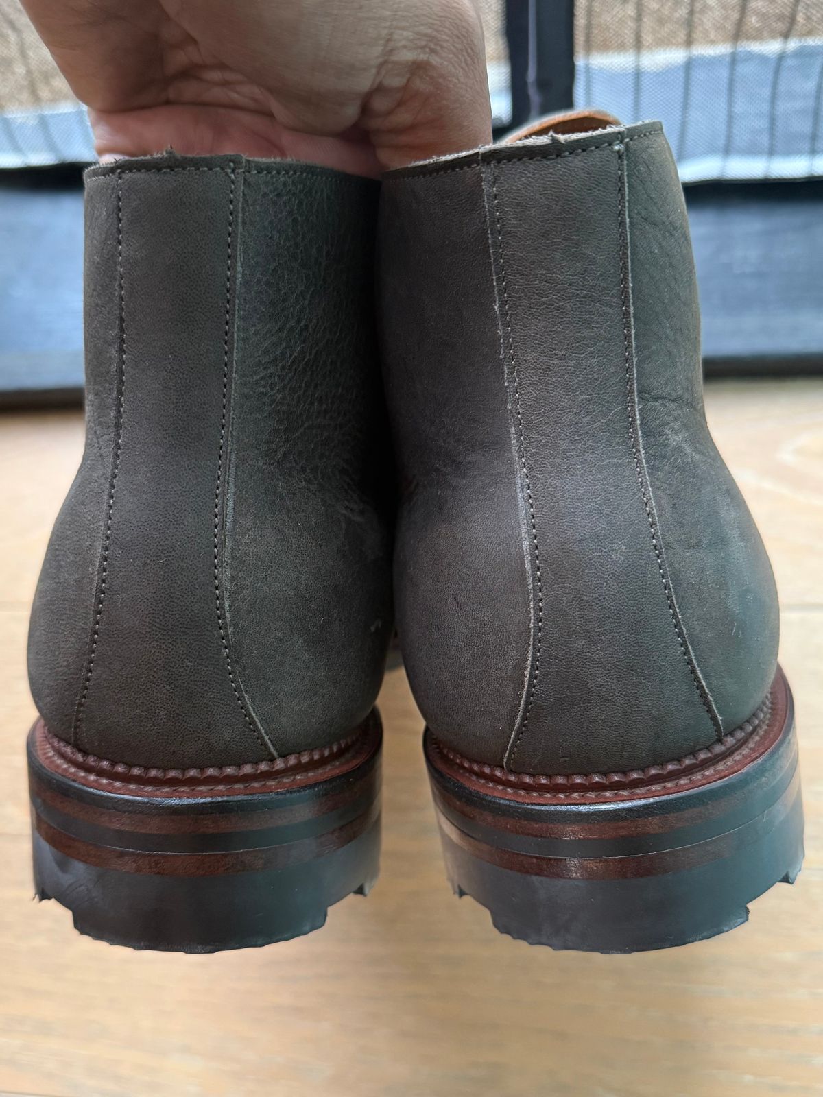 Photo by Drover_Shy on February 6, 2026 of the Viberg Wholecut Derby Boot in C.F. Stead Stone Waxed Kudu.