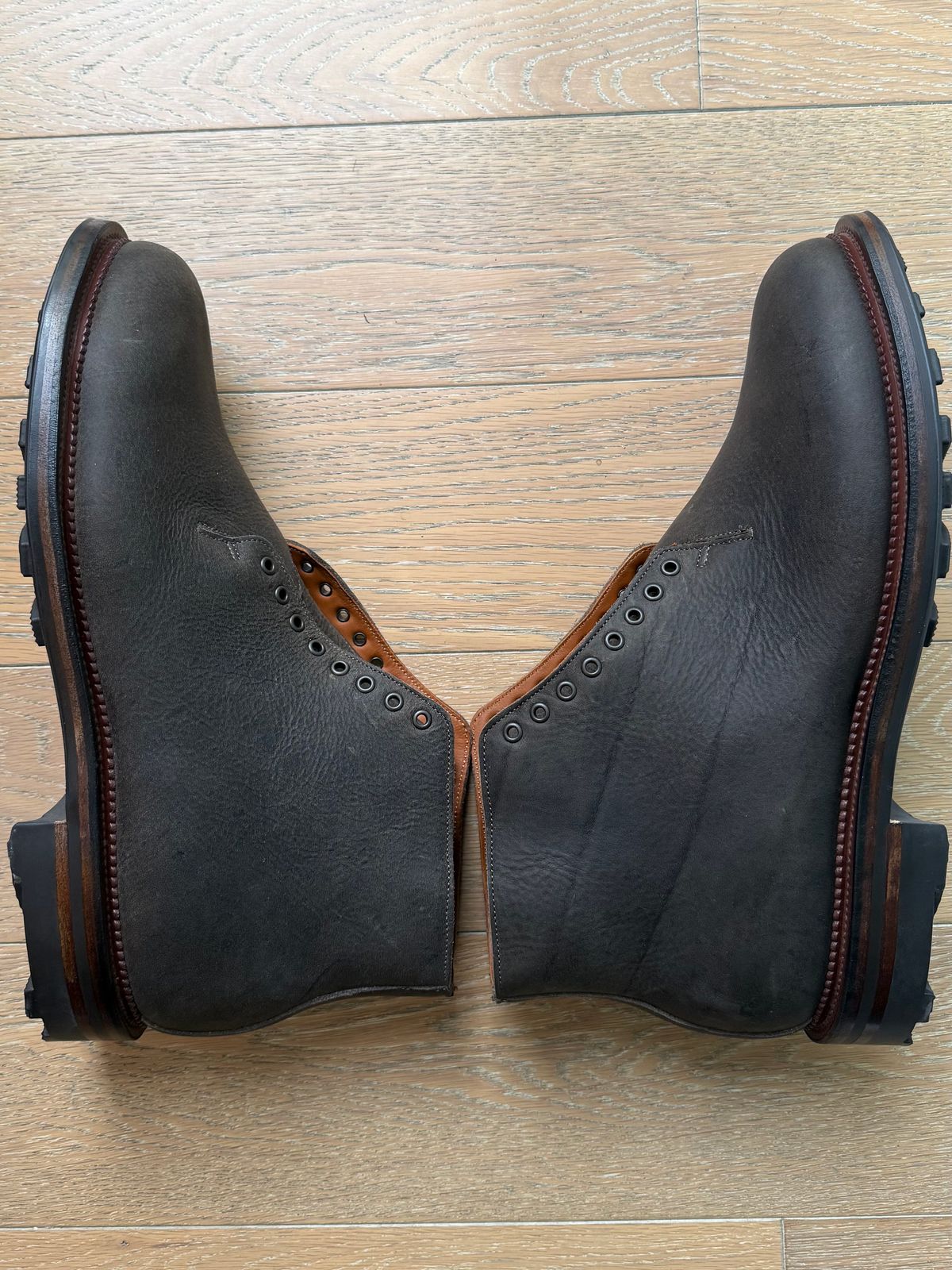 Photo by Drover_Shy on February 6, 2026 of the Viberg Wholecut Derby Boot in C.F. Stead Stone Waxed Kudu.