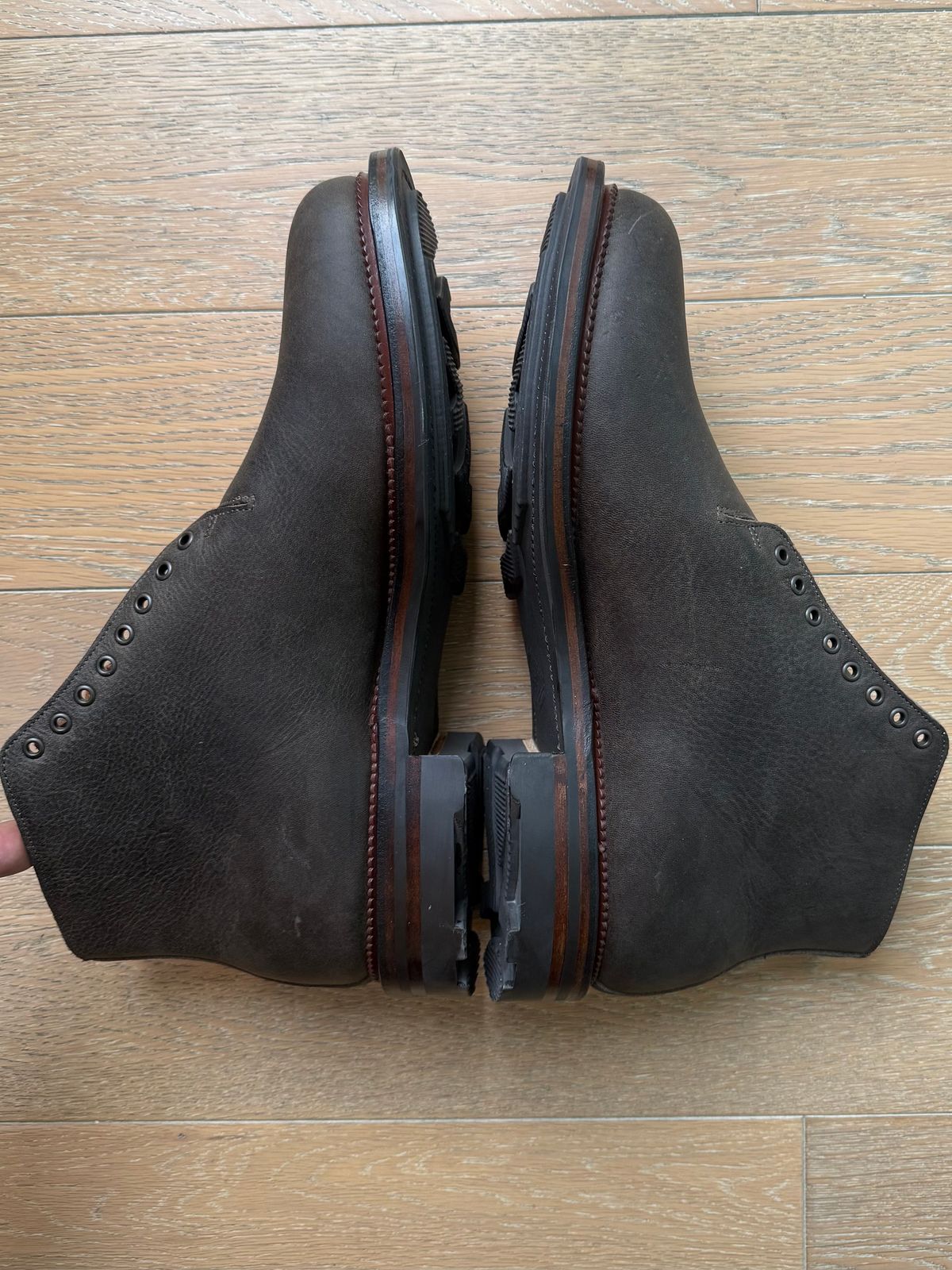 Photo by Drover_Shy on February 6, 2026 of the Viberg Wholecut Derby Boot in C.F. Stead Stone Waxed Kudu.