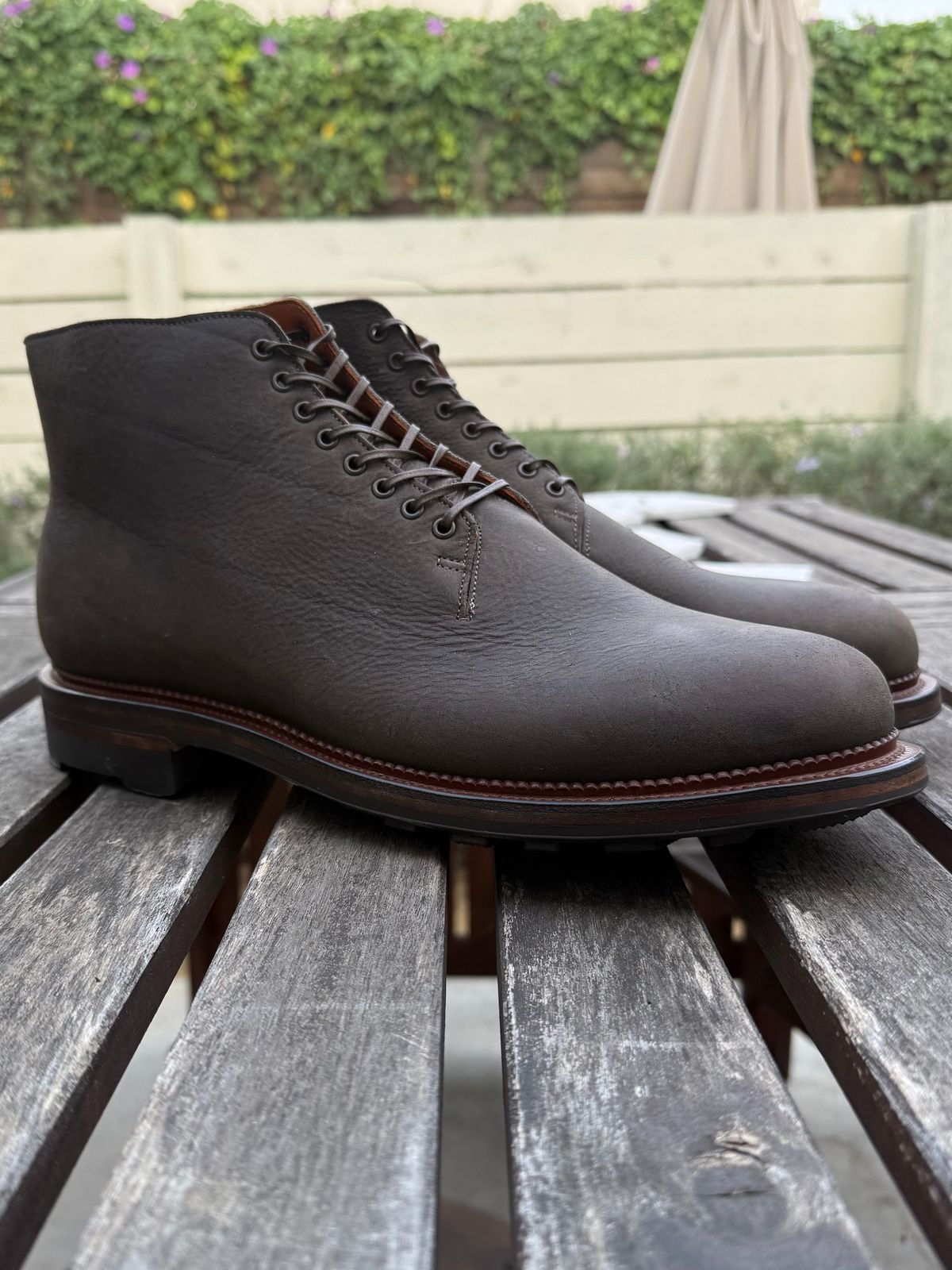 Photo by Drover_Shy on February 6, 2026 of the Viberg Wholecut Derby Boot in C.F. Stead Stone Waxed Kudu.